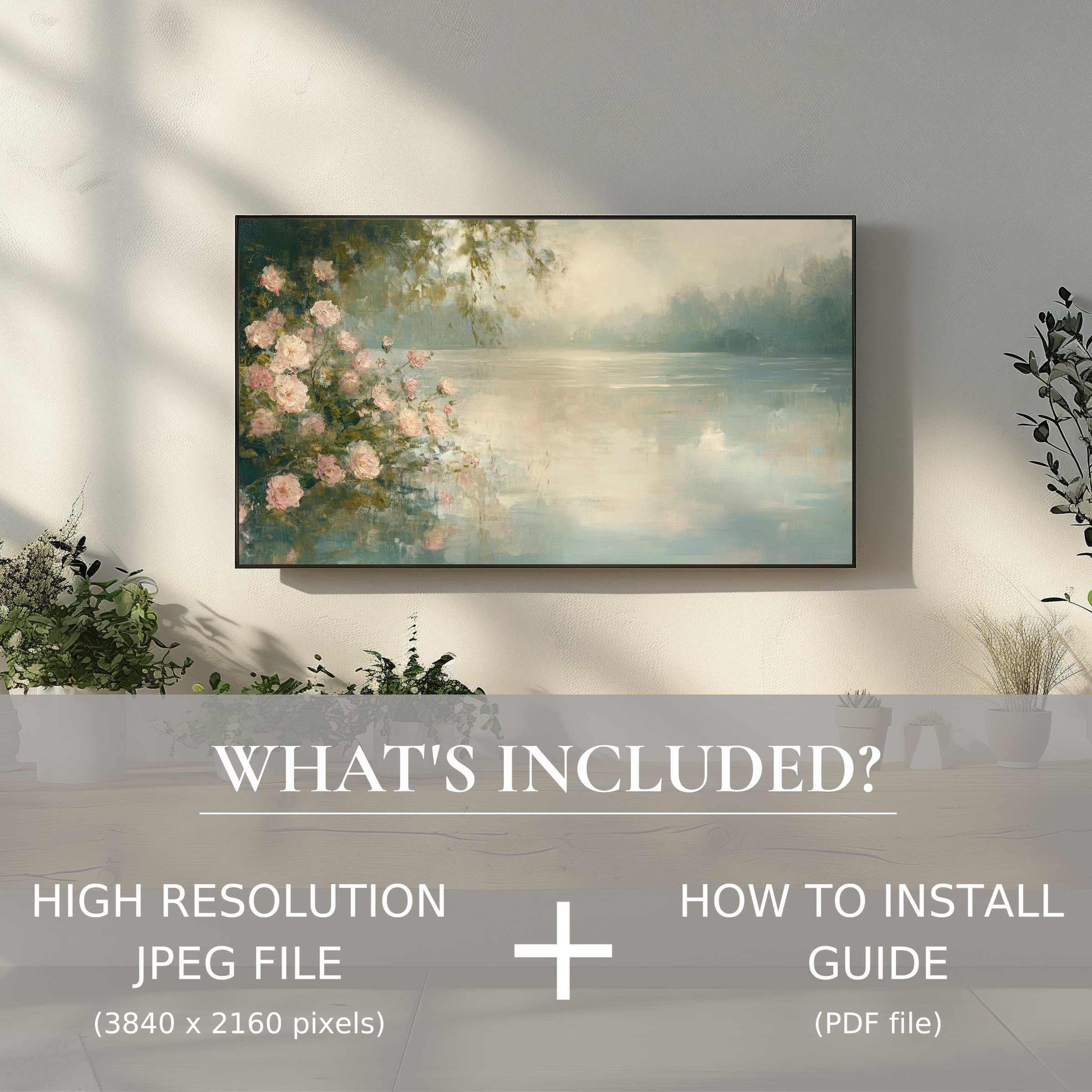 Elegant living room with summer digital TV art download of serene lake and flowers, enhancing space with easy digital use