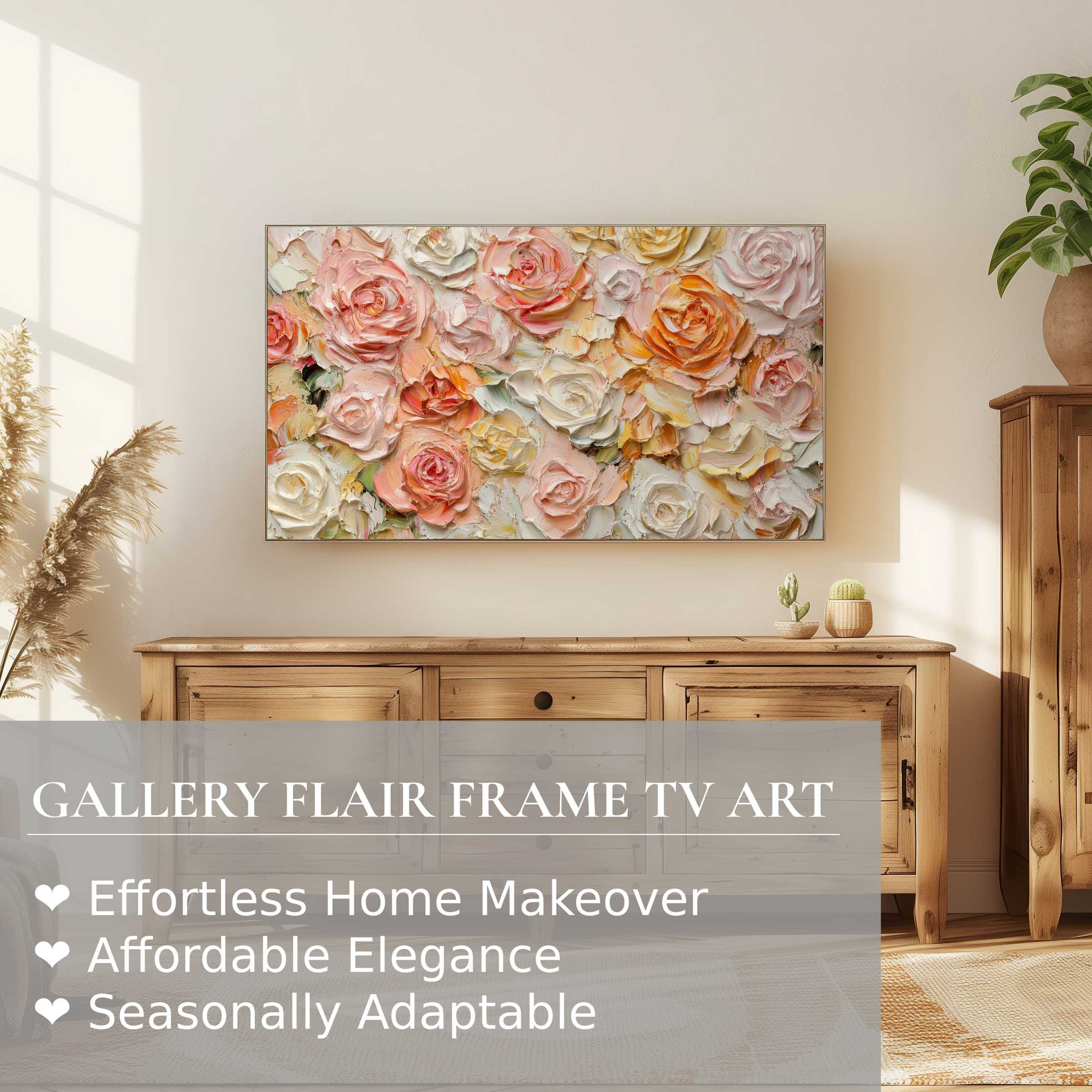 Samsung Frame TV showcasing elegant floral digital artwork in a serene, modern living room setting with natural wood tones
