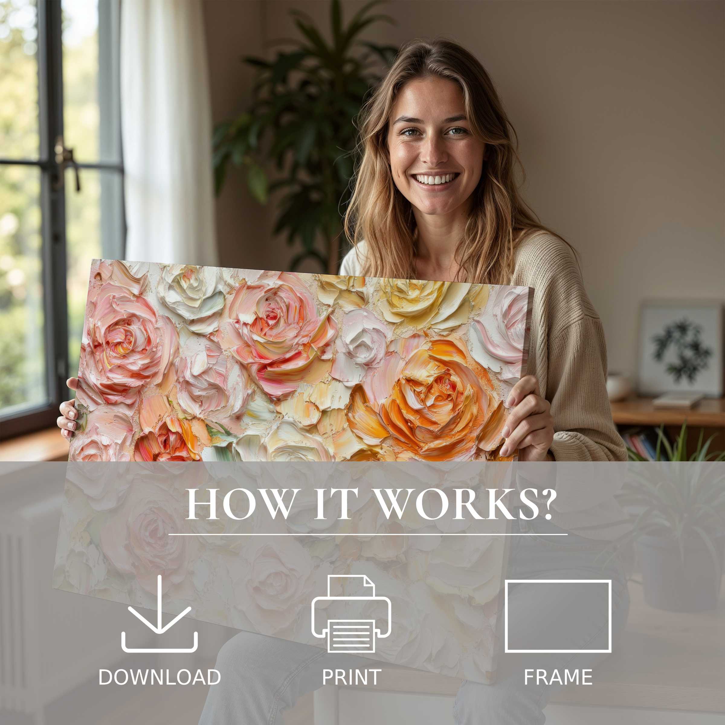 A radiant moment of connection with floral digital art print, elevating modern living spaces with effortless elegance and joy