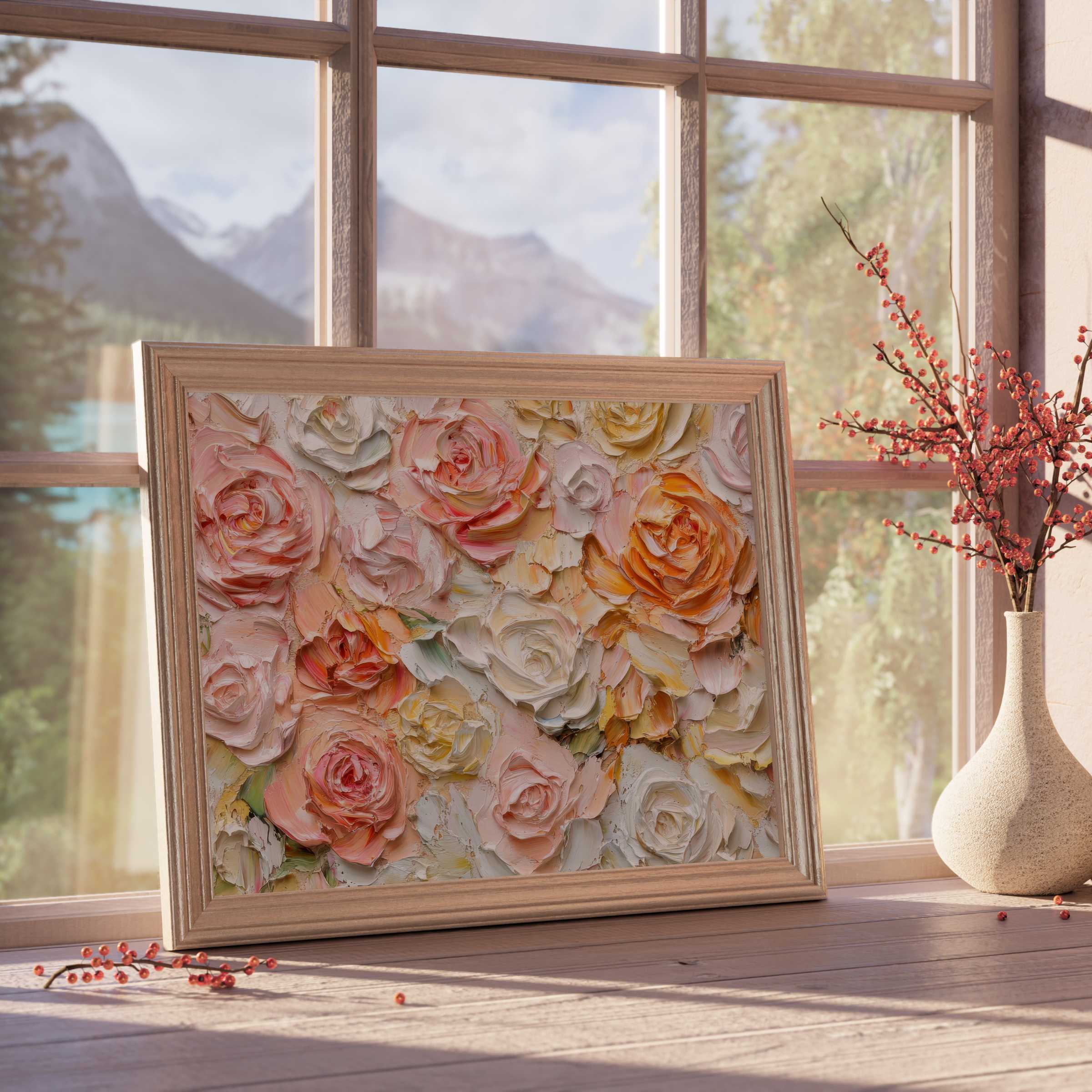 Luxurious floral downloadable art featuring textured roses in soft blush and warm ivory, elevating serene, design-savvy interiors