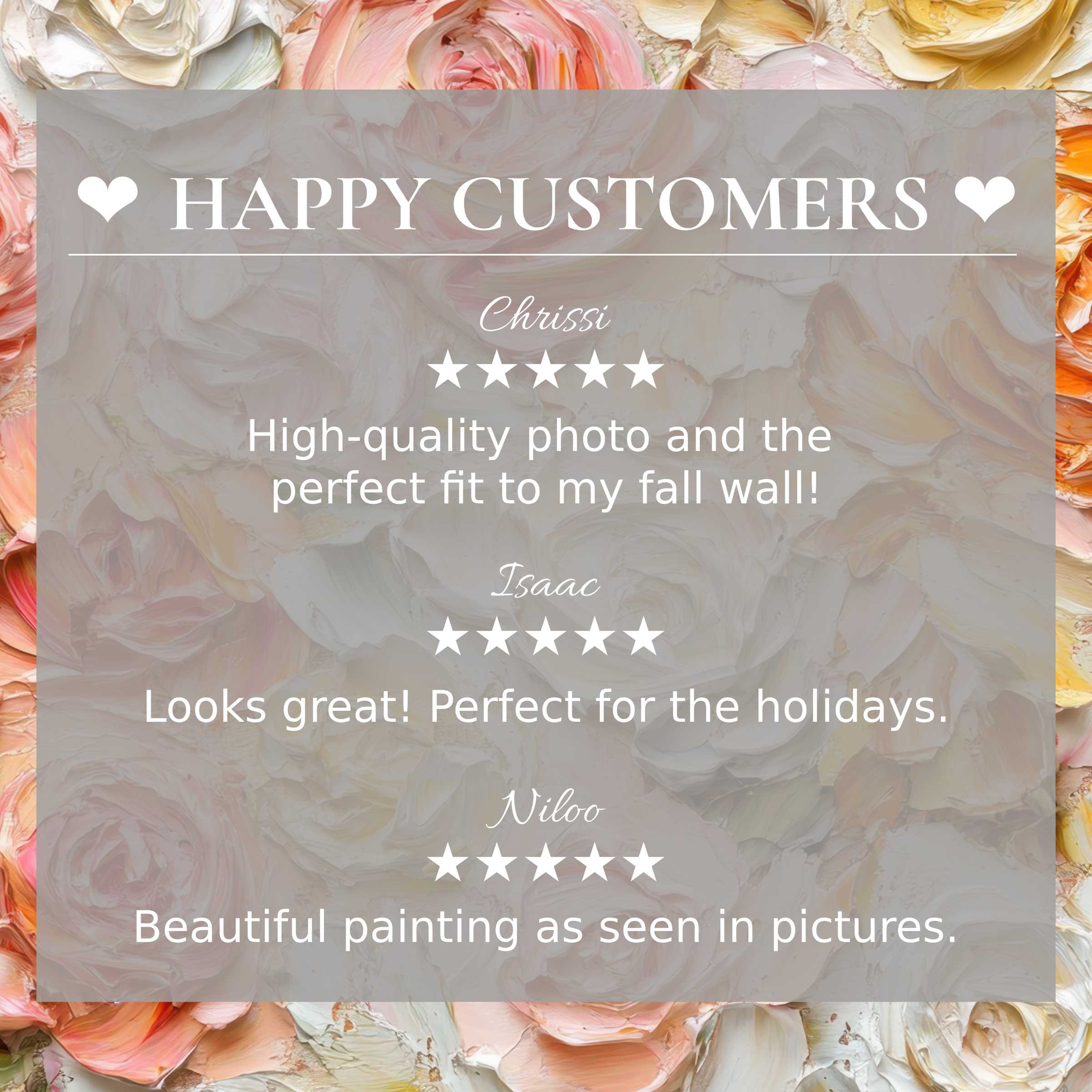 Floral art for Frame TV with abstract pastel rose background, featuring happy customer reviews that inspire trust and elegance