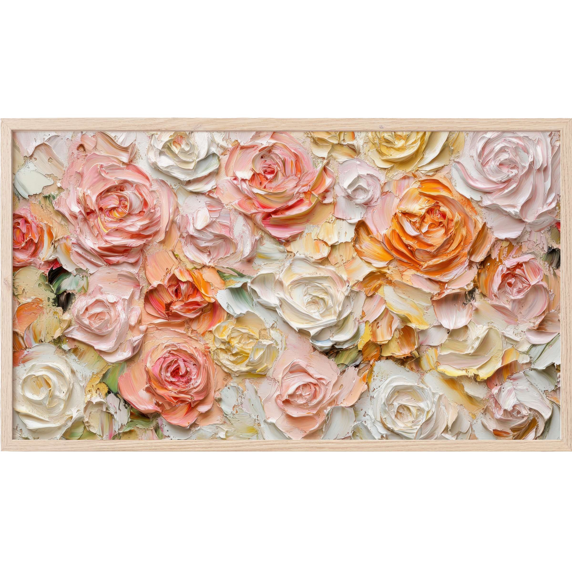 Floral Frame TV Art showcasing textured roses in soft pink, peach, cream, and orange hues with a modern, elegant style