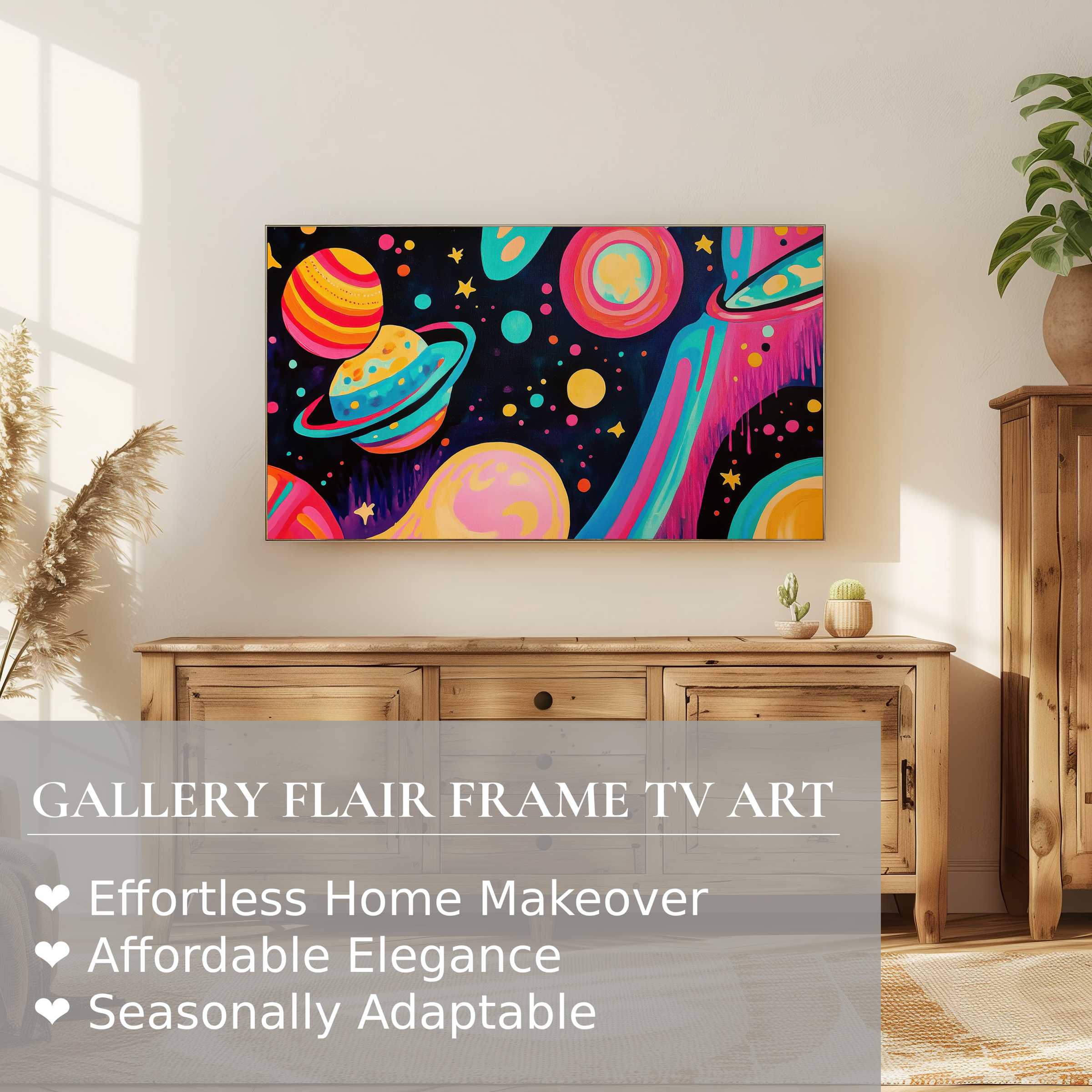 Samsung Frame TV displaying vibrant pop art digital artwork of colorful planets in a modern, elegant living room setting