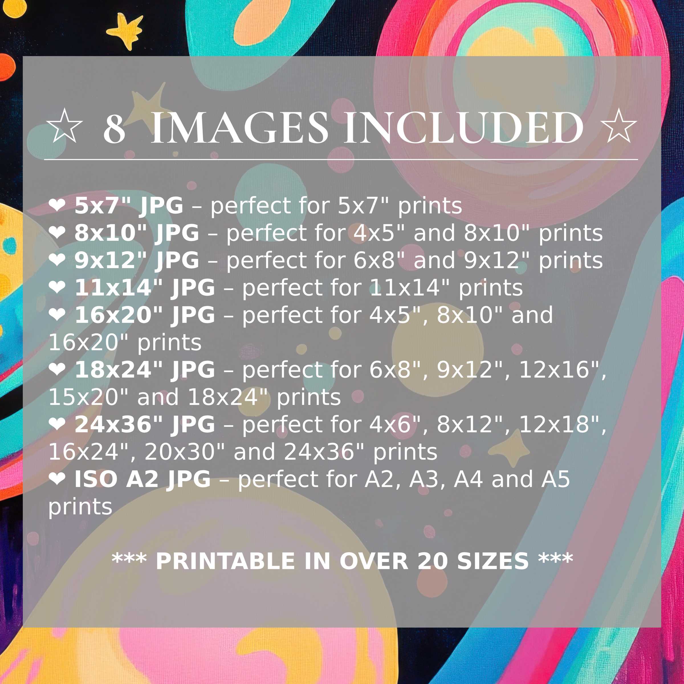 Bold pop art digital print radiates with vibrant turquoise, coral, and gold hues, delivered in 8 high-quality sizes included, elevating contemporary interiors with versatile style and effortless elegance