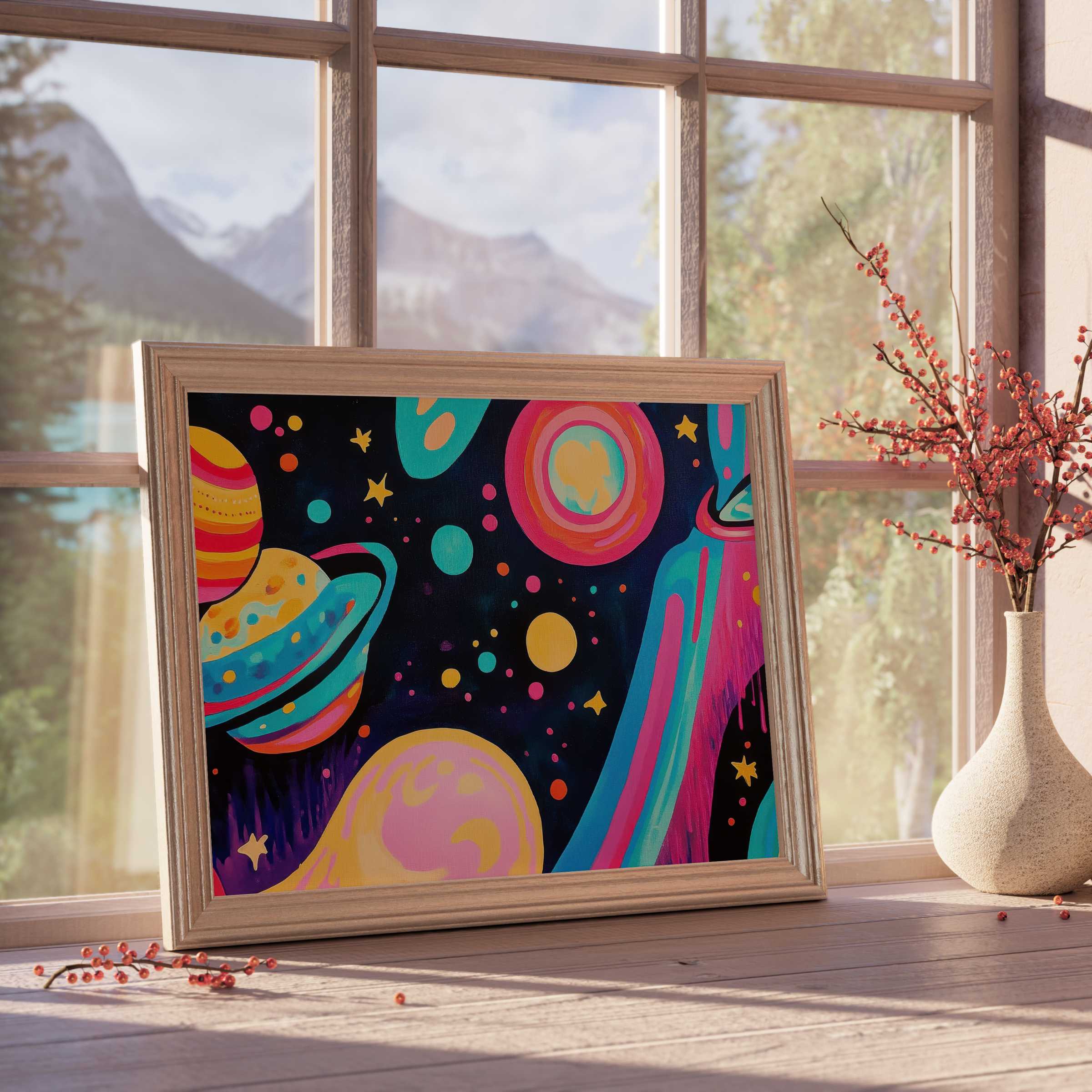 Vibrant pop art downloadable art featuring cosmic planets and stars, elevating curated interiors with bold, playful elegance