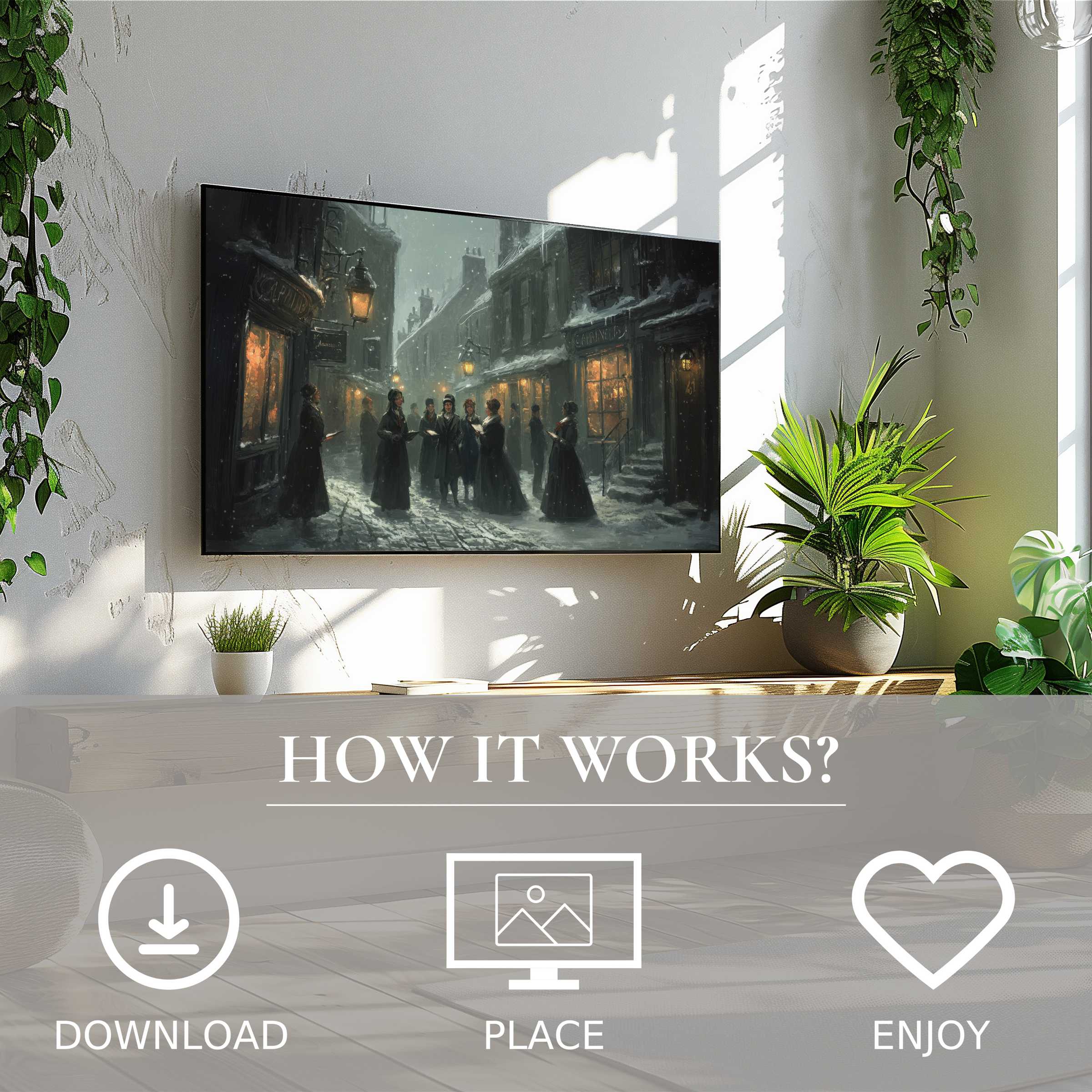 Christmas art for Samsung TV features timeless Victorian street scene, easy digital download, enriches modern living spaces