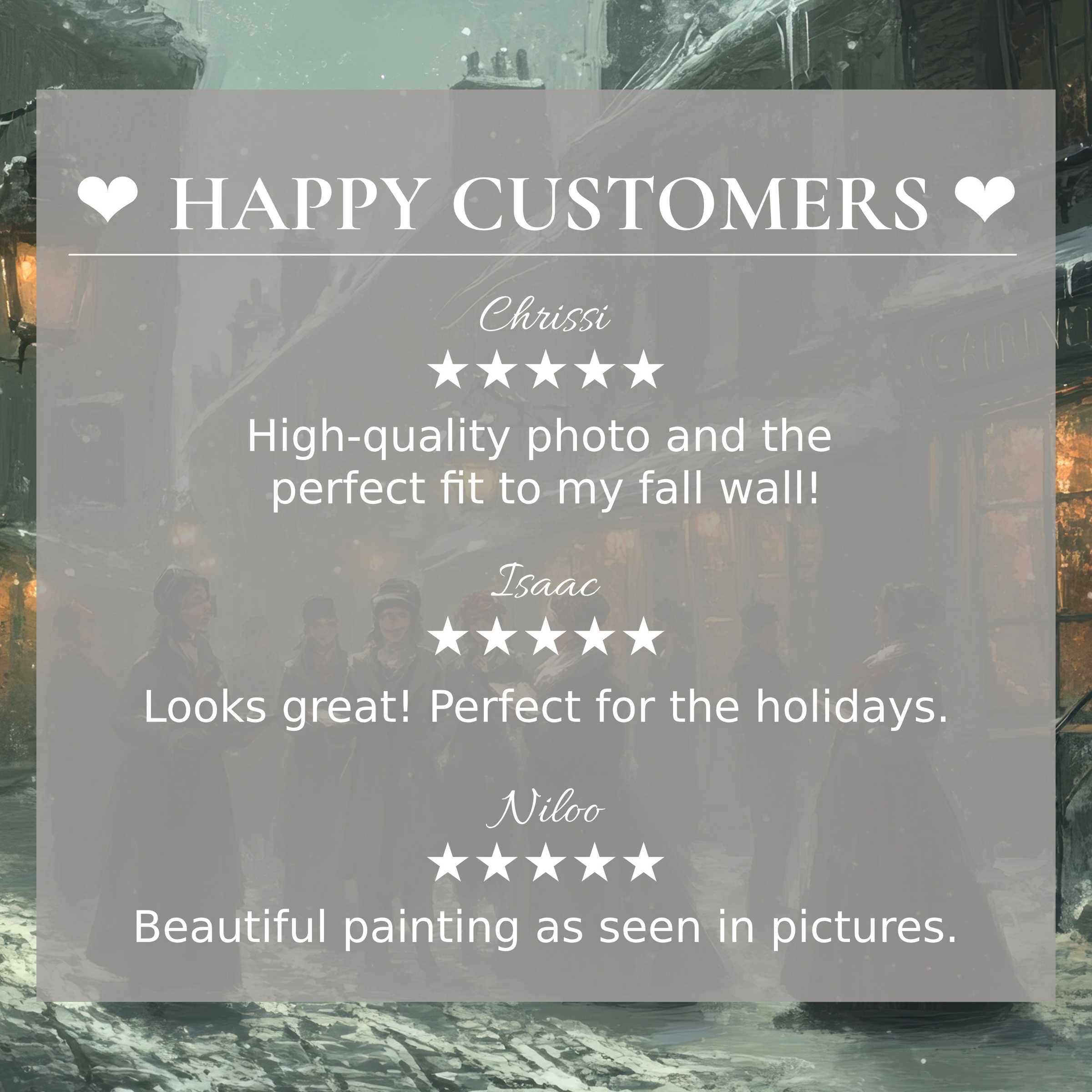 Elegant christmas art for Frame TV with a soft winter street scene, showcasing happy customer reviews for refined trust