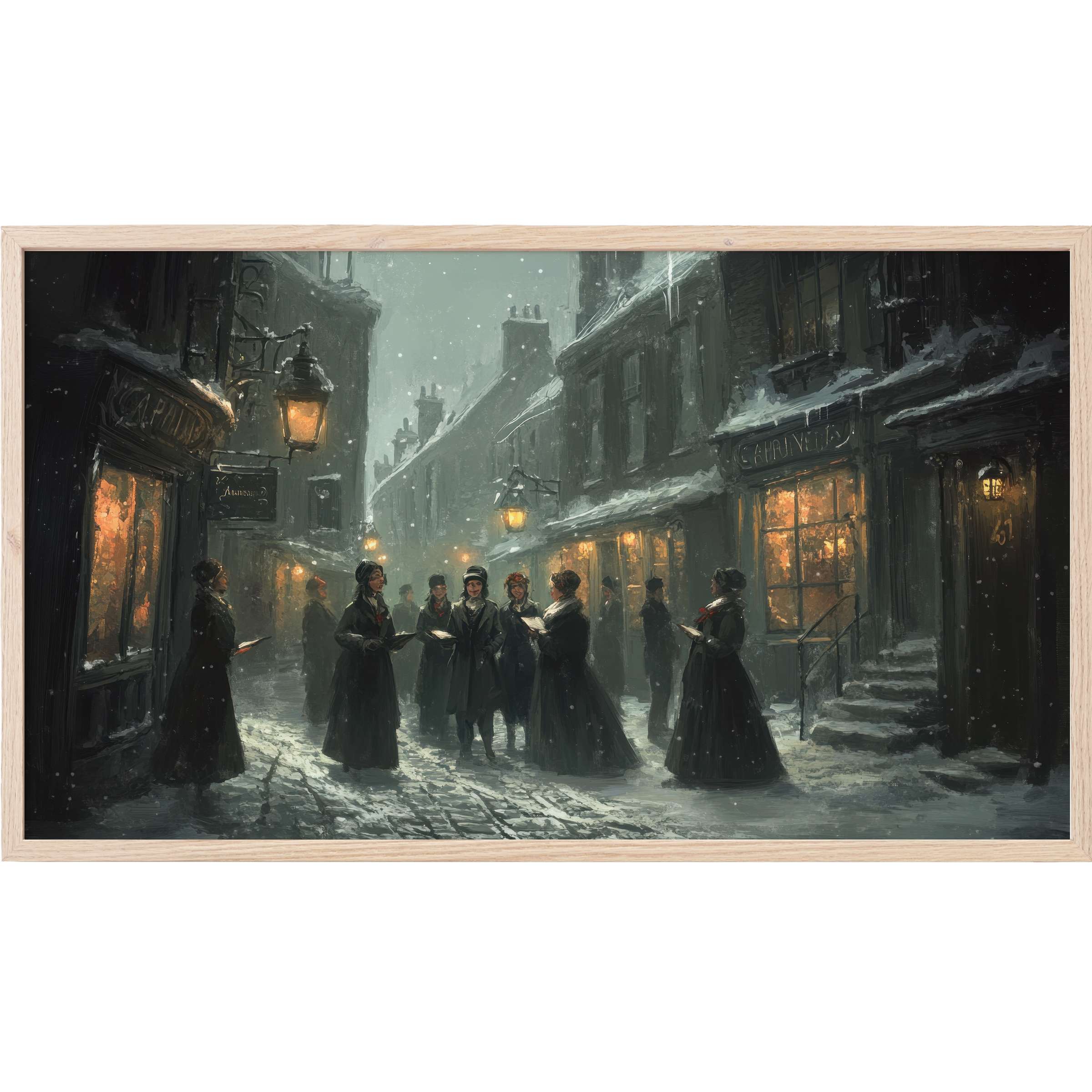 Elegant vintage street scene with warm glowing windows and snow, ideal christmas Frame TV Art for stylish homes
