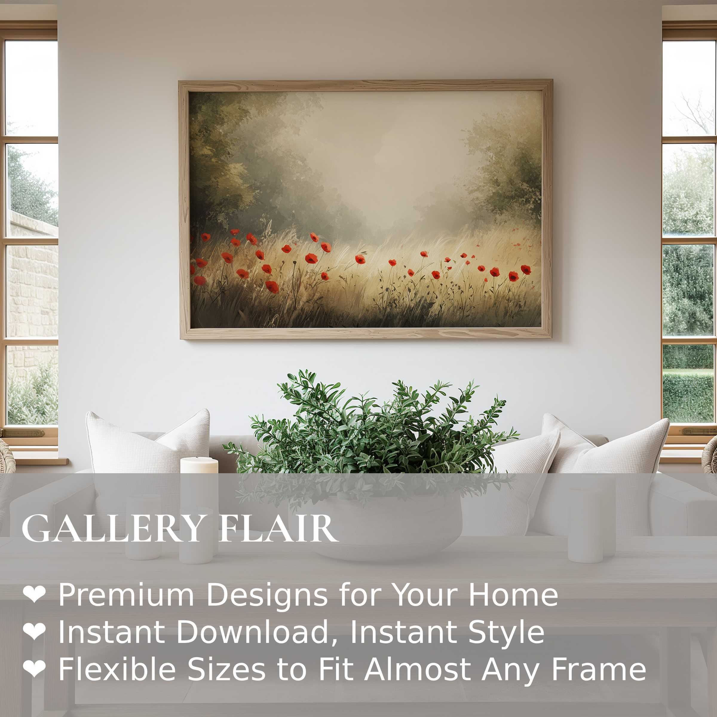 Spring wall art print featuring a radiant poppy meadow in soft morning light, enhancing serene modern farmhouse interiors with natural elegance
