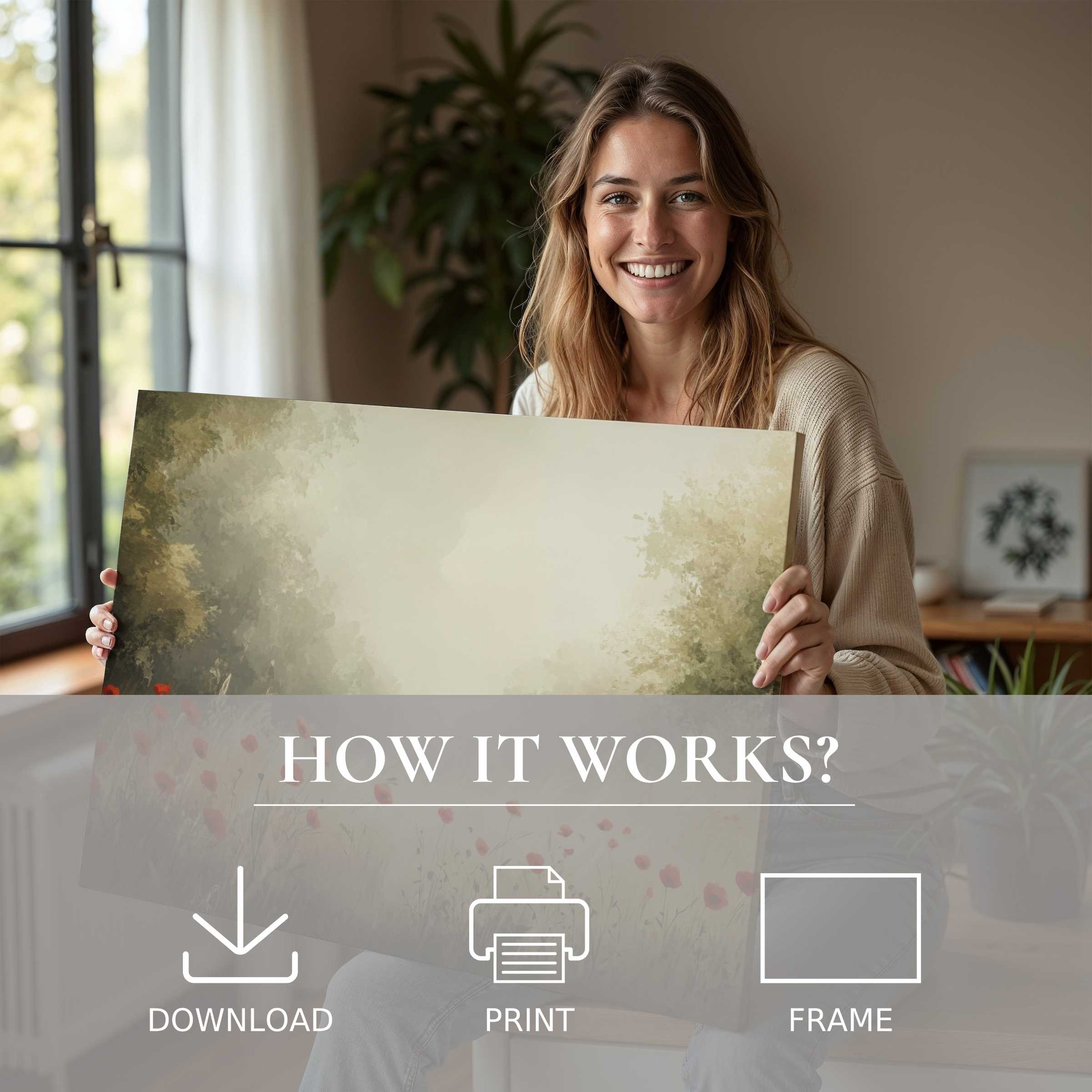 Bright spring digital art print embraced in a serene modern home, capturing joy and effortless elegance in living with art