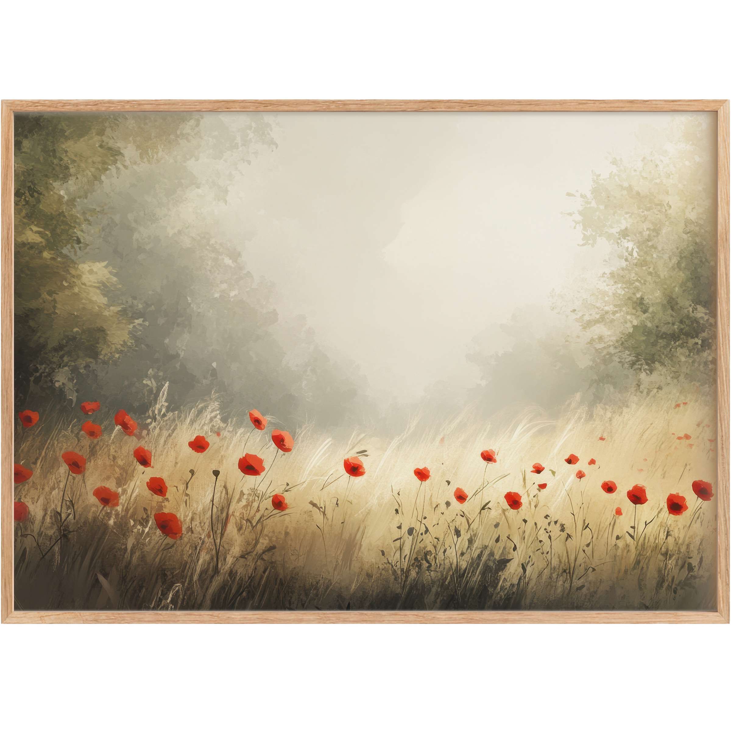 Lush spring printable wall art blooms with vivid scarlet poppies against a misty, golden meadow, evoking serene elegance and renewal
