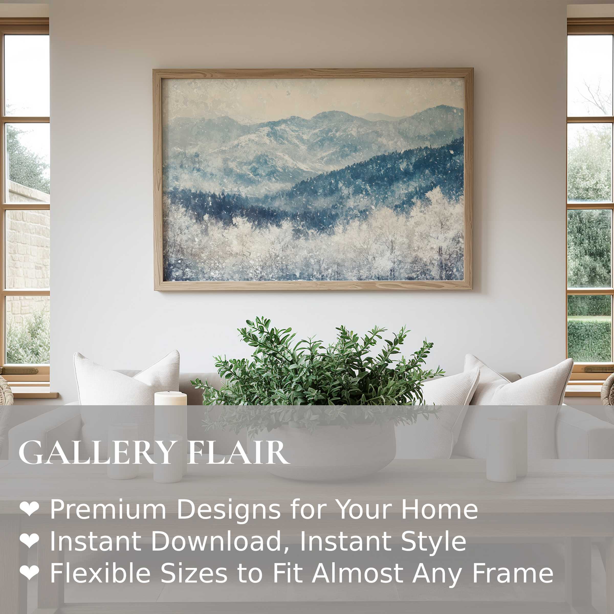 Winter wall art print capturing serene snow-kissed mountains in soft blues and neutrals, elevating modern farmhouse interiors with calming, radiant charm