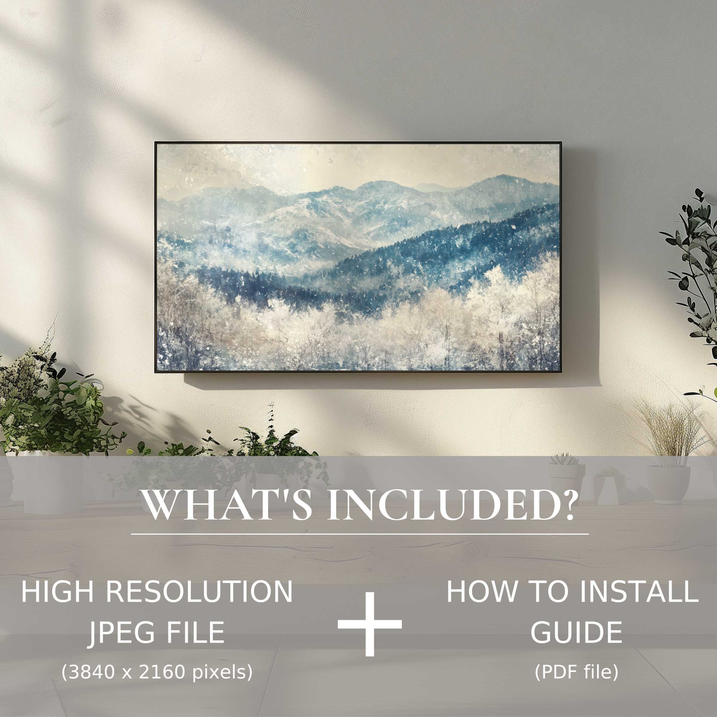 Winter digital TV art download brings serene mountain hues, enhancing living spaces with effortless digital elegance