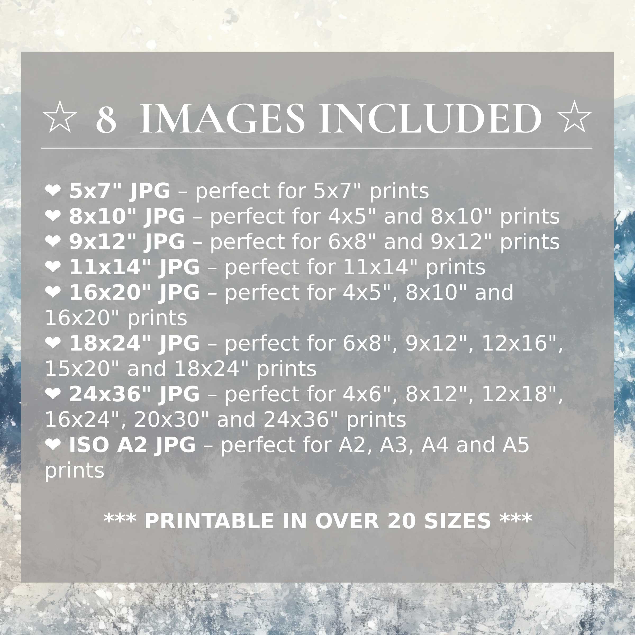 Winter digital print in serene blues and creamy whites radiates calm sophistication, available in 8 high-quality sizes enhancing modern interiors with versatile elegance