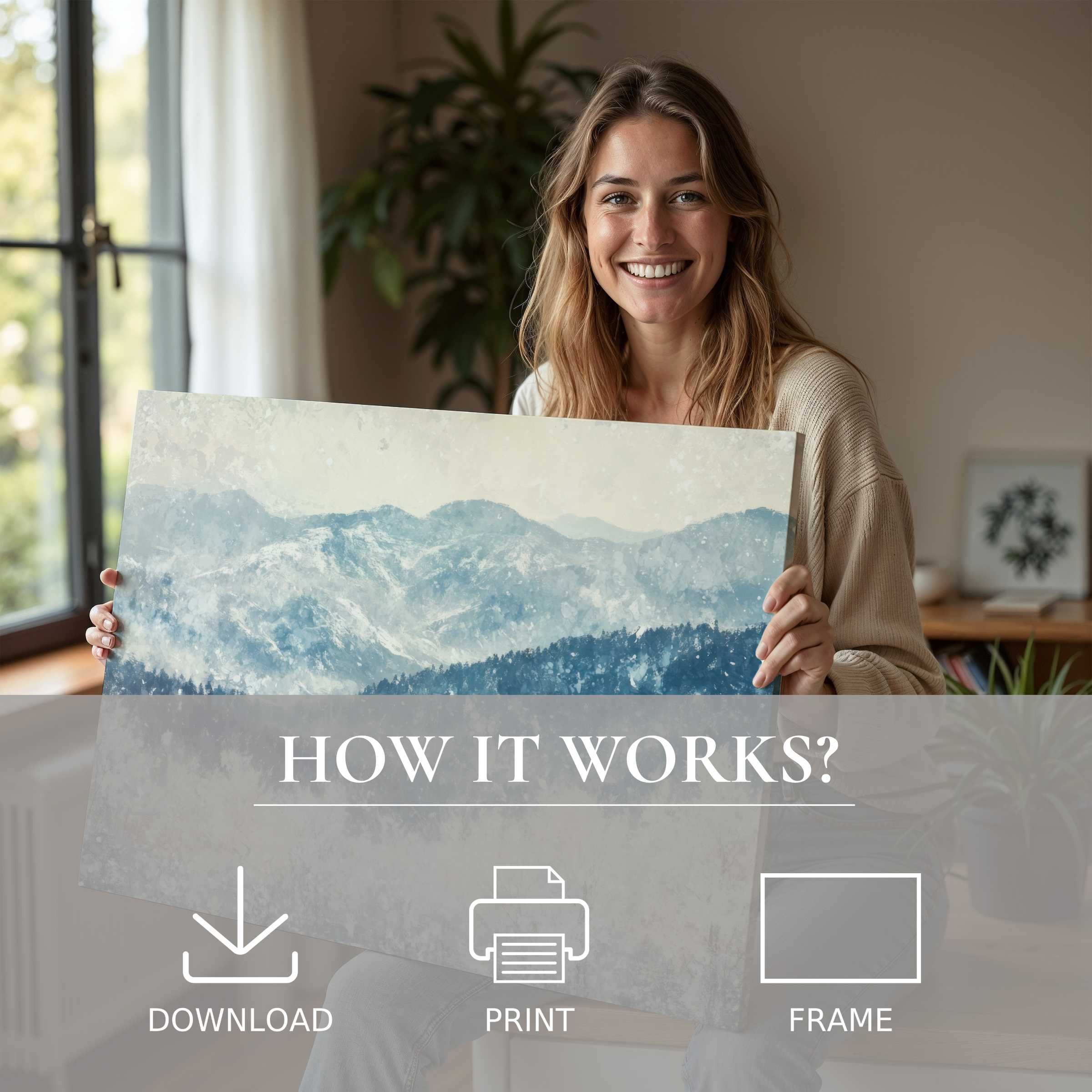 A serene winter digital art print in soft blue hues transforms a stylish modern home, inviting warmth and timeless joy