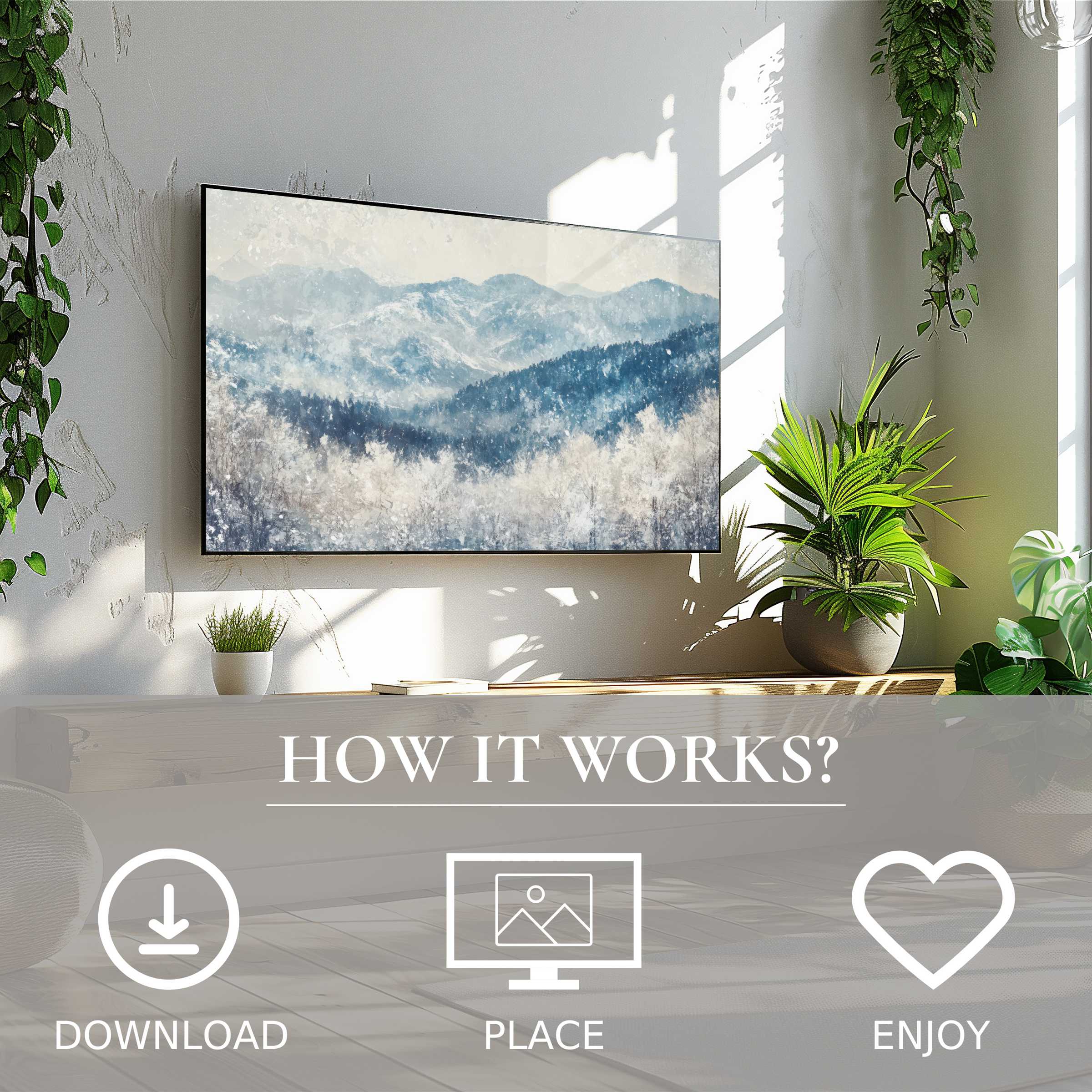 Winter art for Samsung TV with soft snowy mountain motif, easy digital download, enriches modern living spaces
