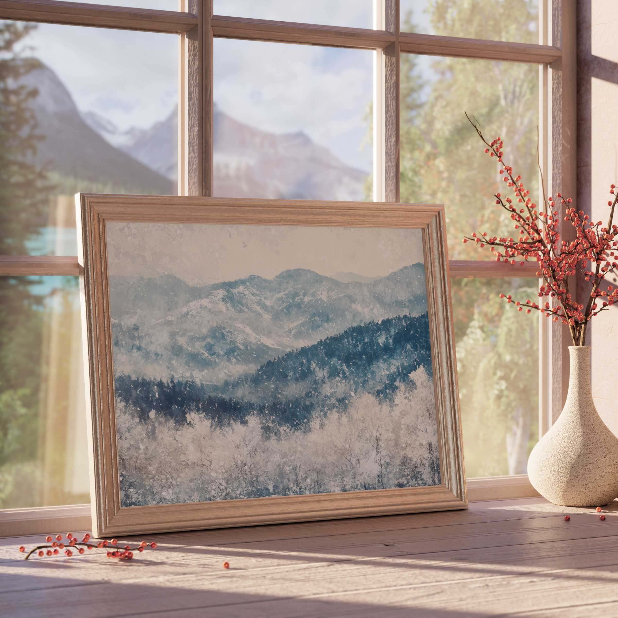 Winter downloadable art capturing serene snow-blanketed mountains in soft hues, perfect for calm, curated interiors