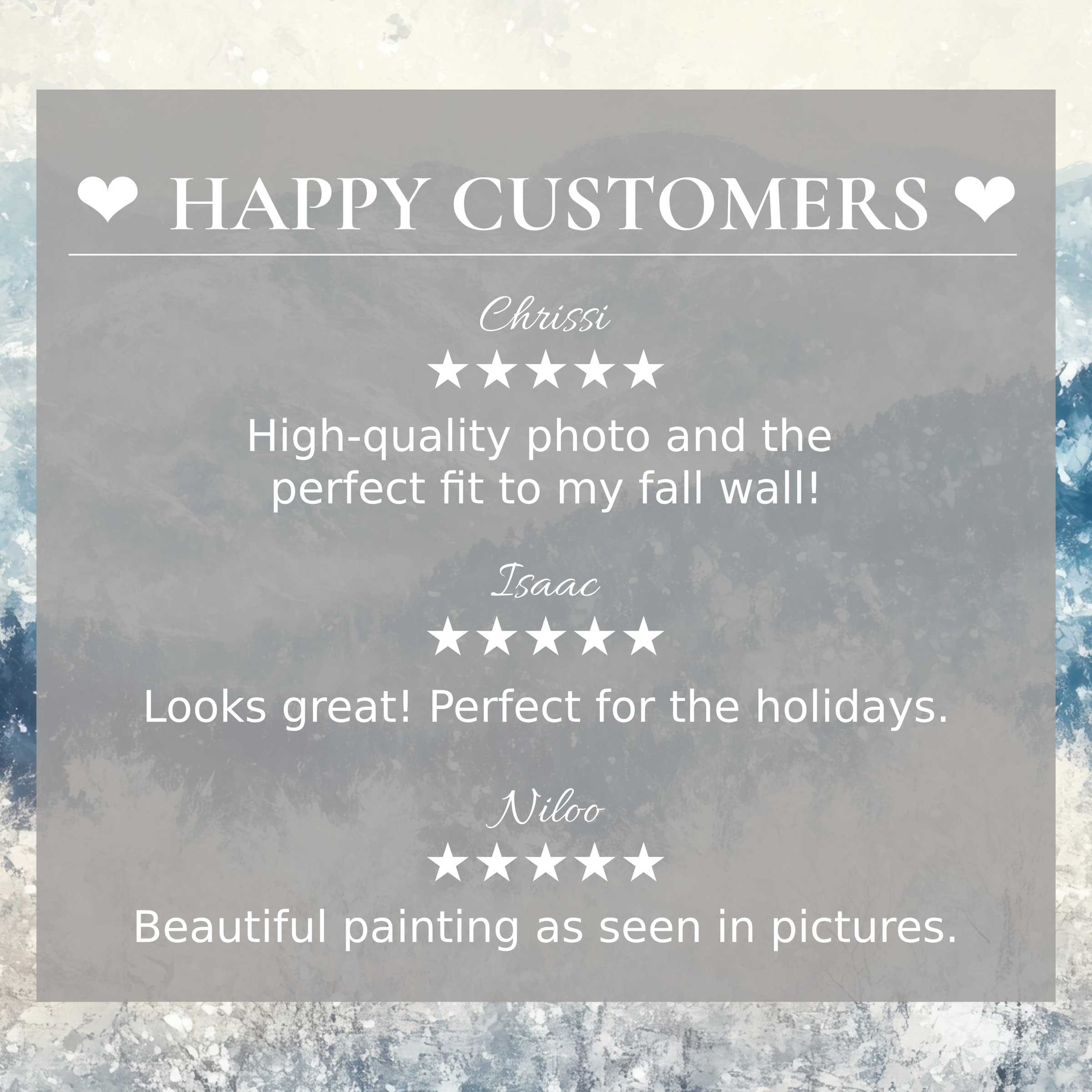 Winter art for Frame TV with abstract blue-gray background, happy customer reviews enhancing trust and style appeal