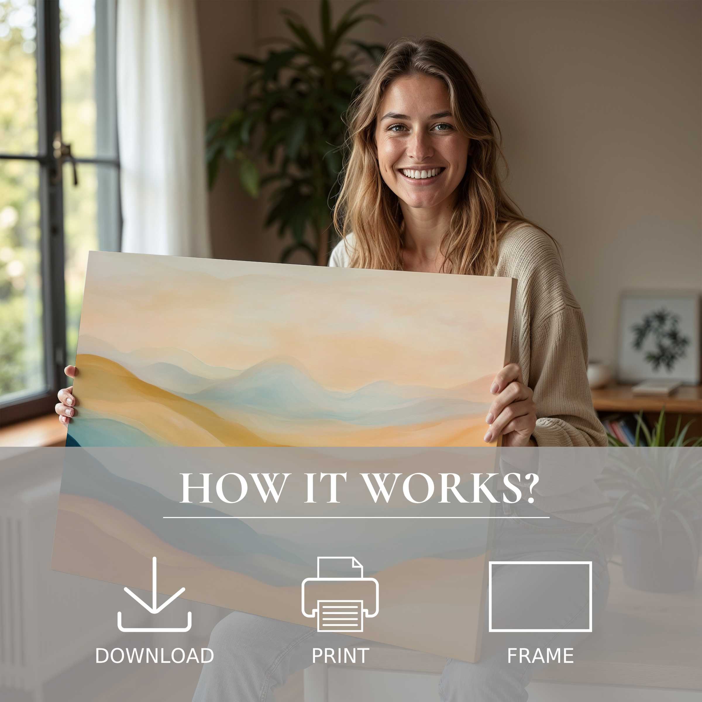A woman’s radiant joy reveals the serene connection of a boho digital art print, transforming modern living with effortless elegance