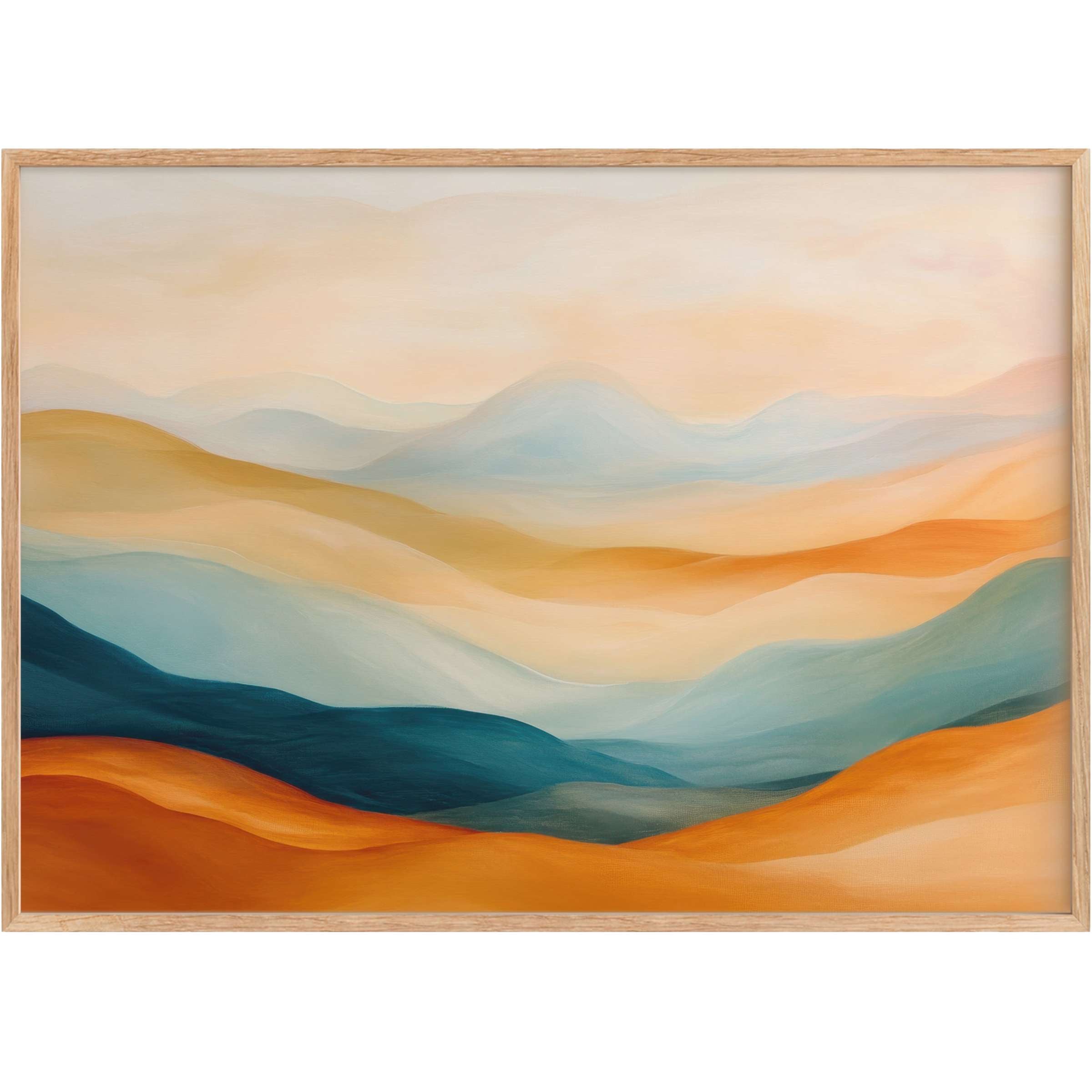 Boho printable wall art blending warm terracotta and serene blues, evoking a tranquil, sunlit desert horizon
