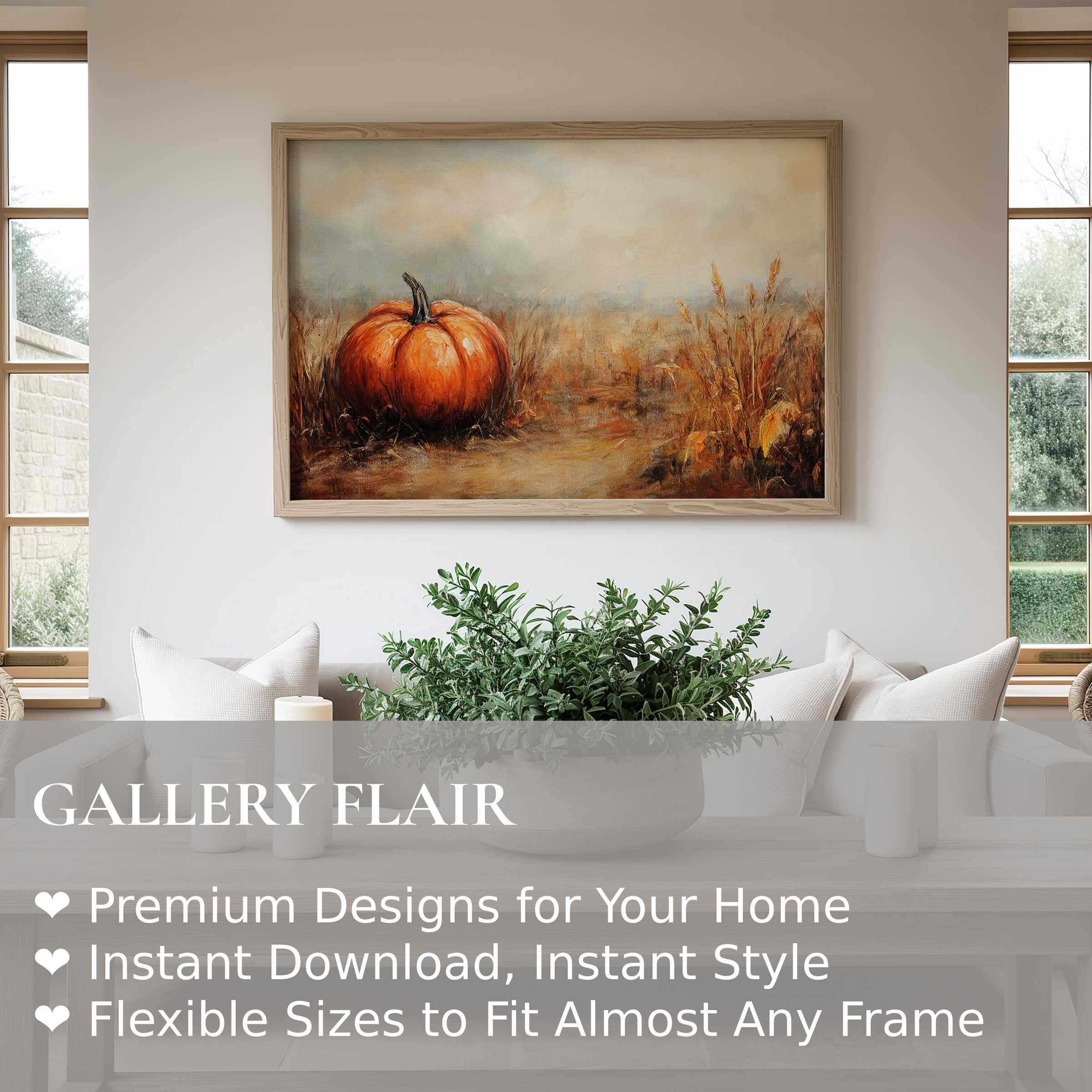 Fall wall art print featuring a radiant pumpkin amid soft autumn fields, elevating modern rustic interiors with warm seasonal charm