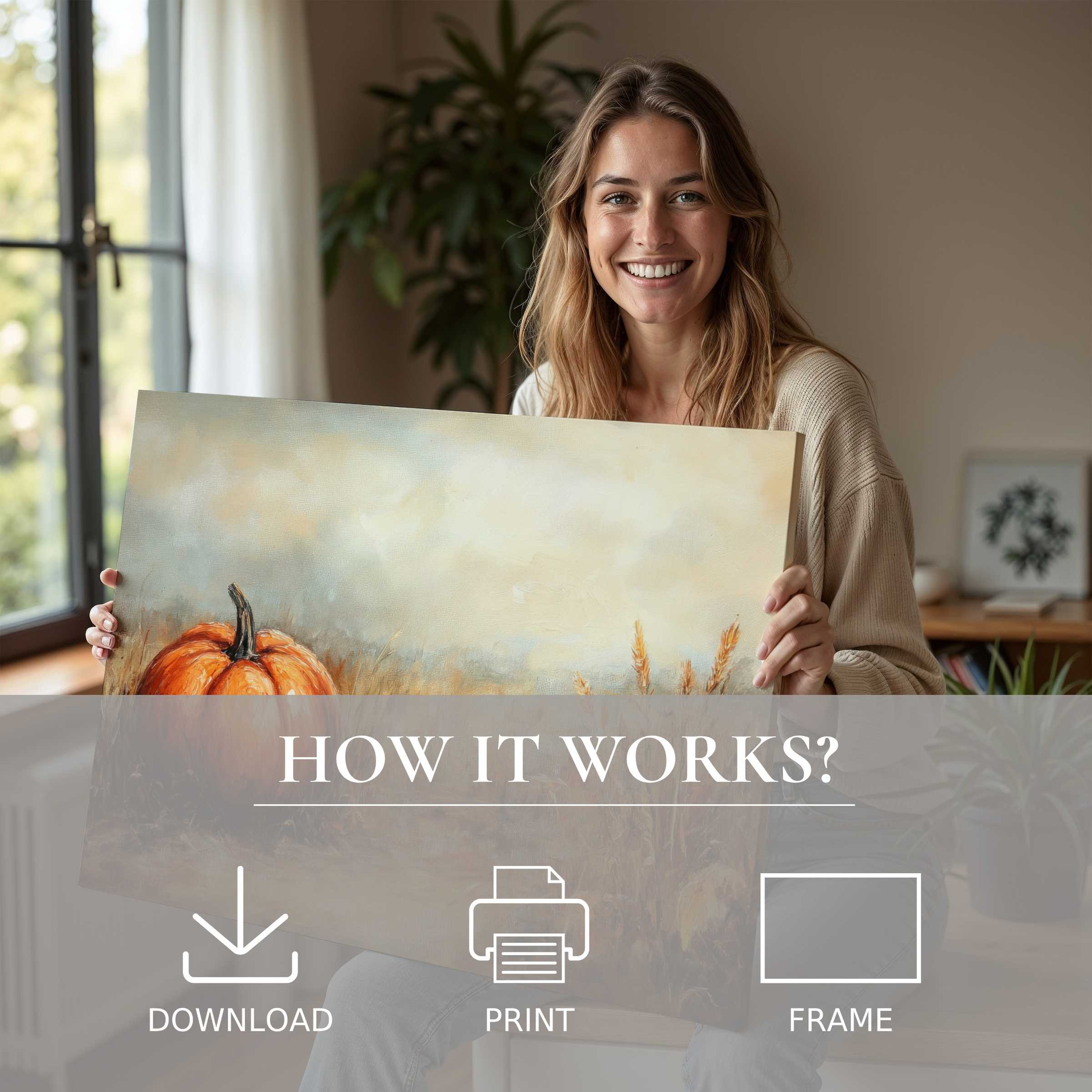 Warm fall digital art print embraced in a serene modern home, capturing joy and effortless elegance in seasonal décor