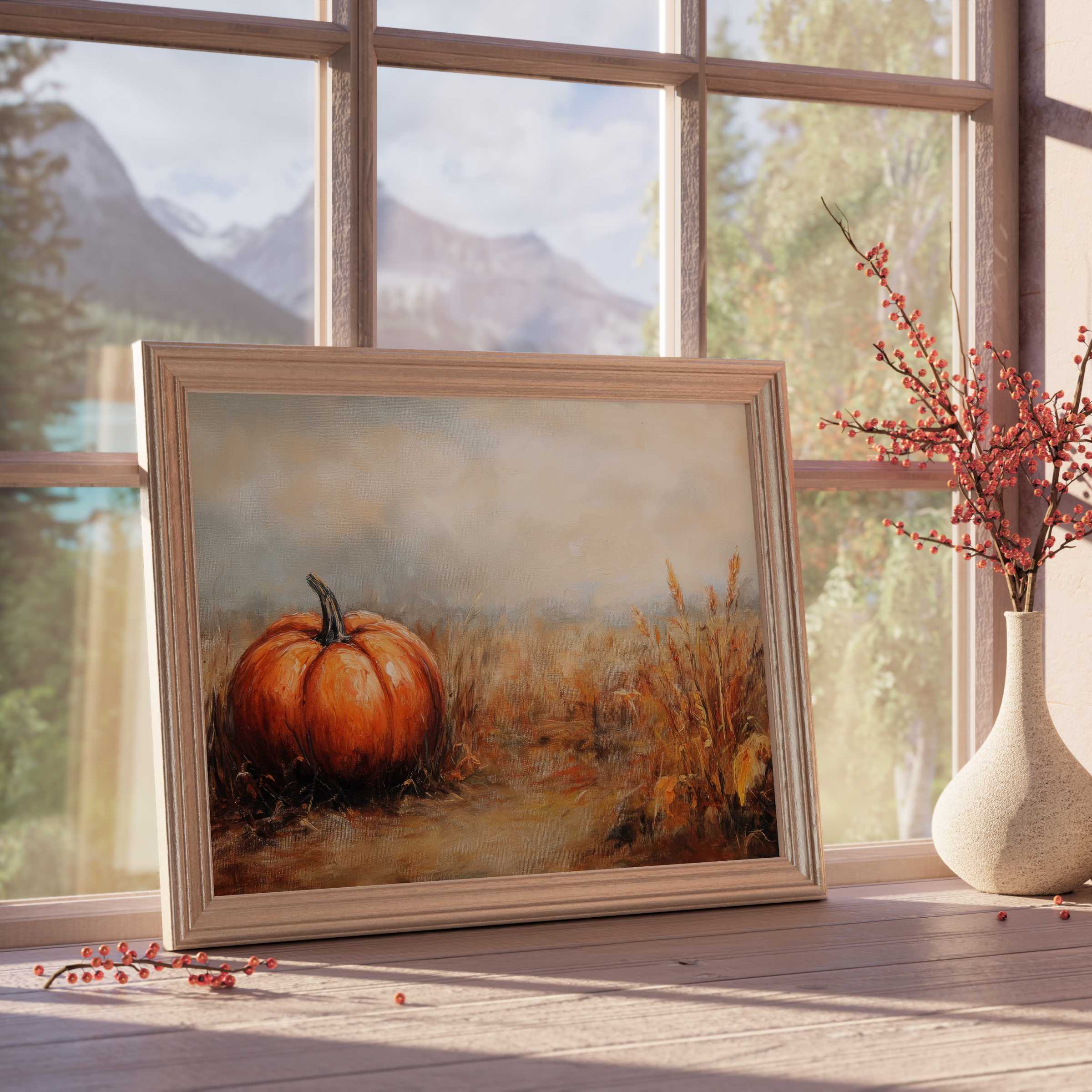 Warm, tranquil fall downloadable art featuring a glowing pumpkin in soft amber fields, perfect for curated, elegant home interiors
