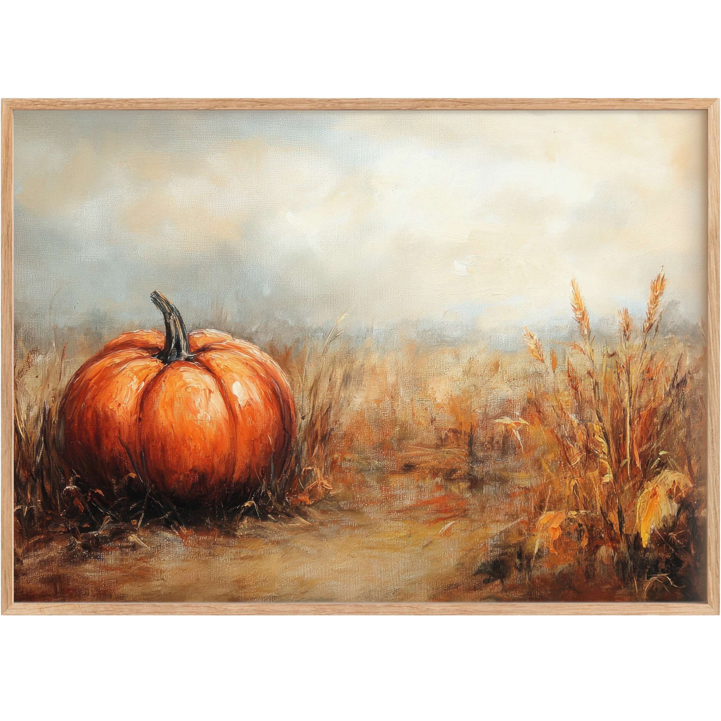 Rustic fall printable wall art featuring a luminous pumpkin amid golden wheat, evoking warm, tranquil autumn serenity