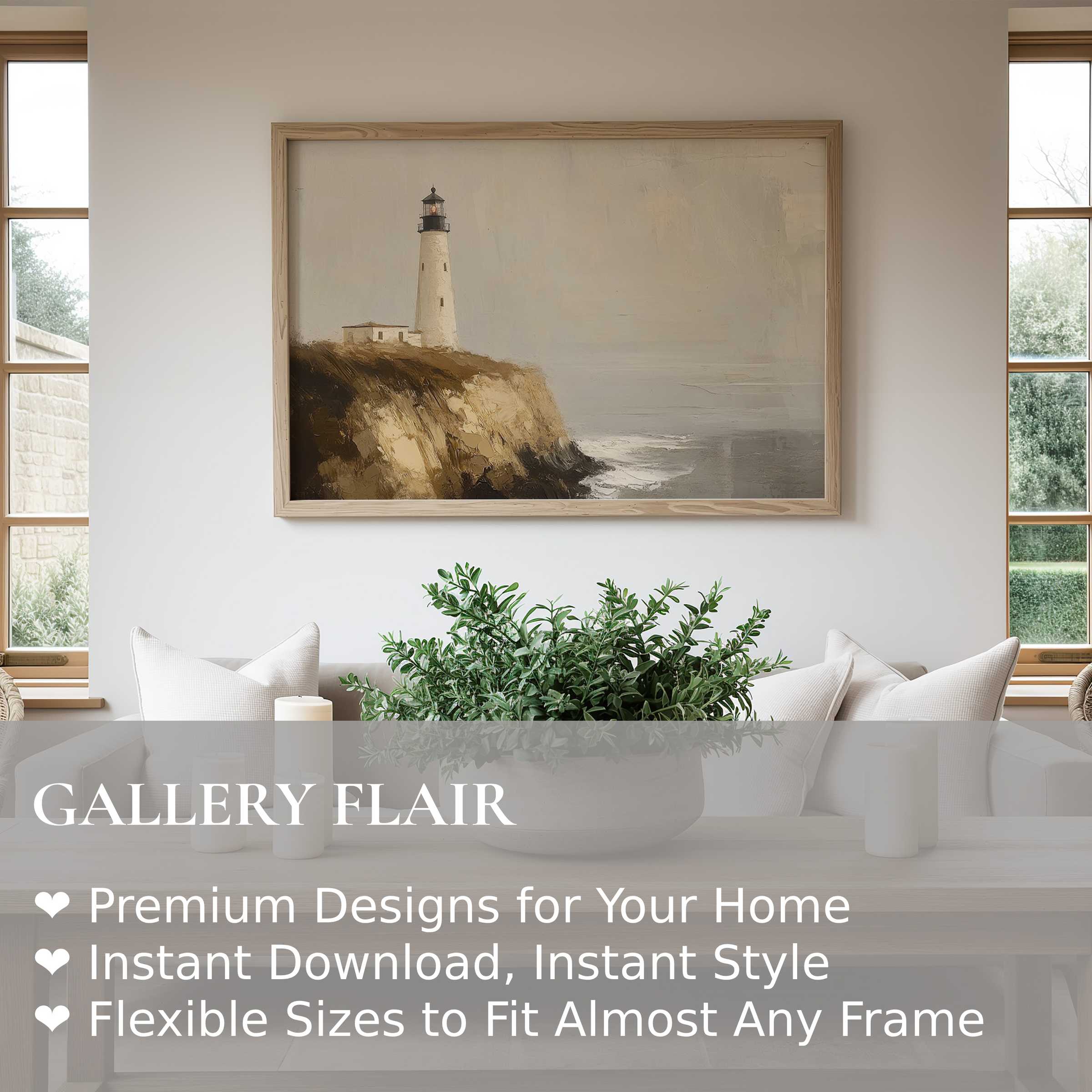 Calm, radiant beach wall art print featuring a serene lighthouse on a rugged cliff, elevating modern coastal living spaces