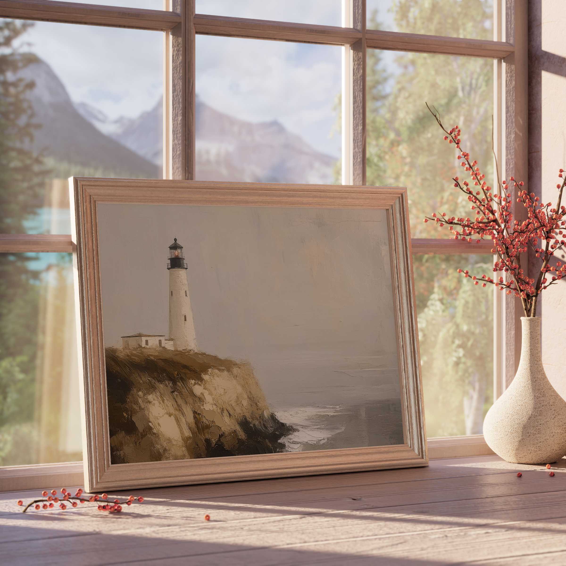 Elegant beach downloadable art featuring a serene lighthouse on rugged cliffs, perfect for tranquil, curated coastal interiors