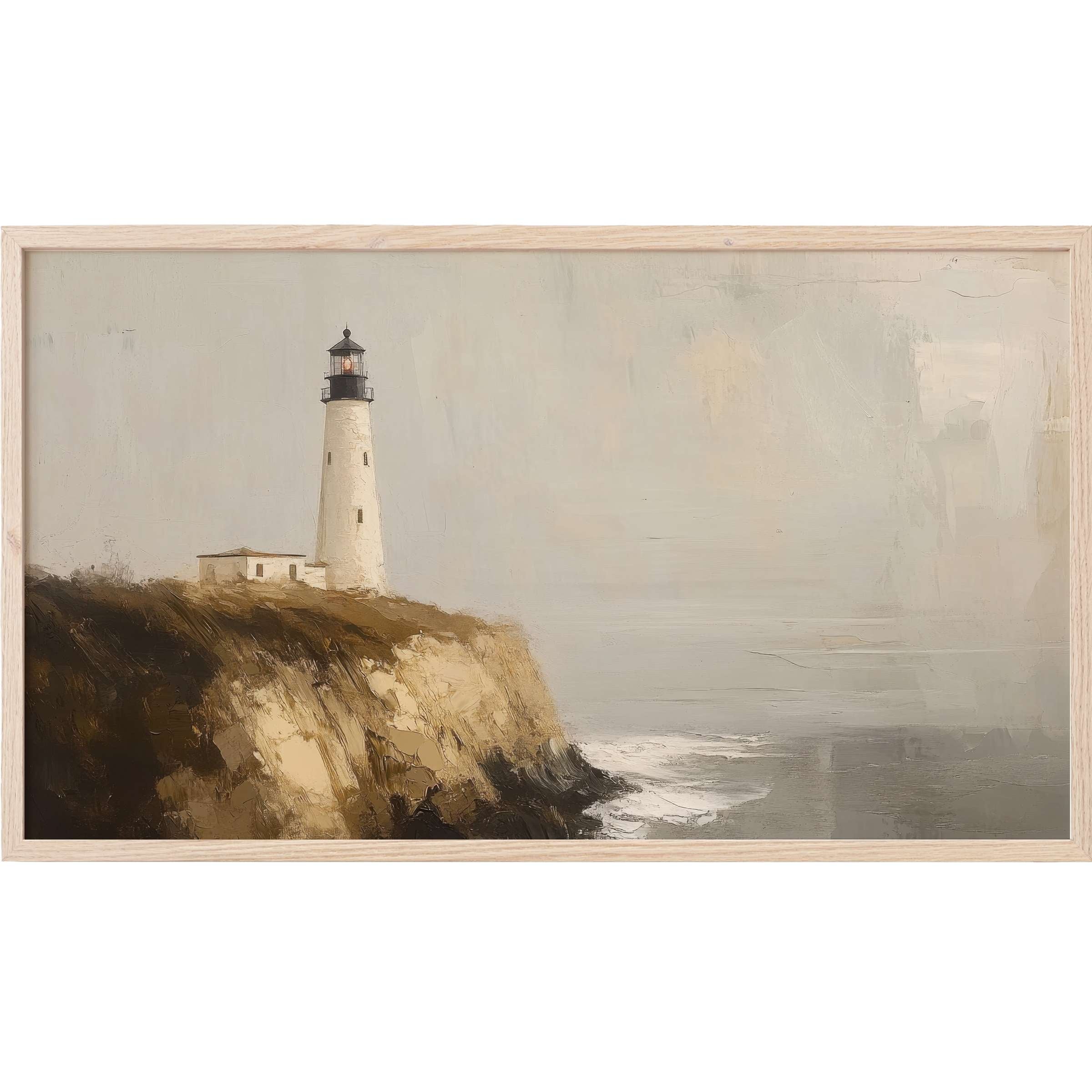 Serene lighthouse on rugged cliffs with muted earth tones and soft grays in elegant beach Frame TV Art