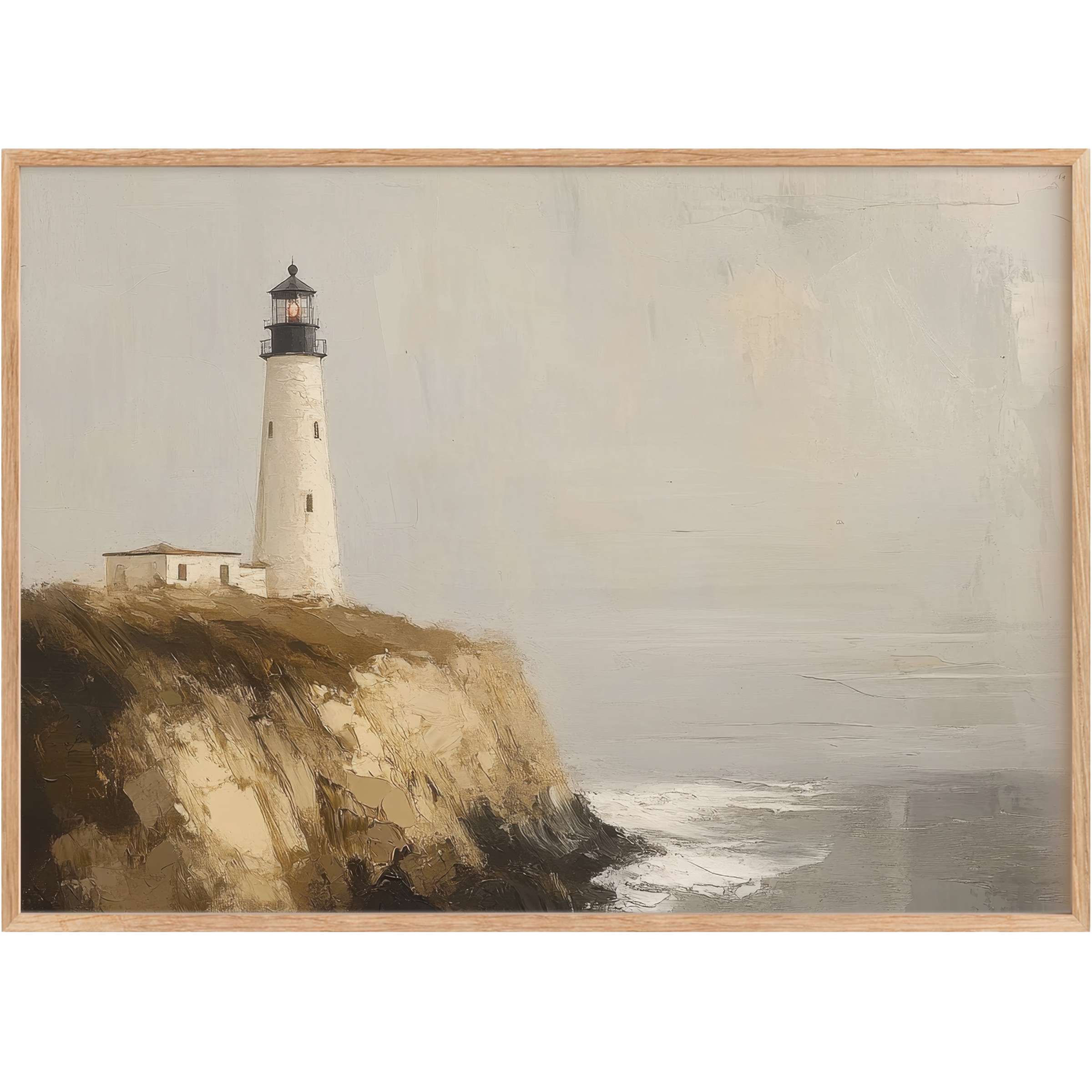Serene beach printable wall art featuring a misty lighthouse on rugged cliffs, evoking calm and timeless coastal elegance
