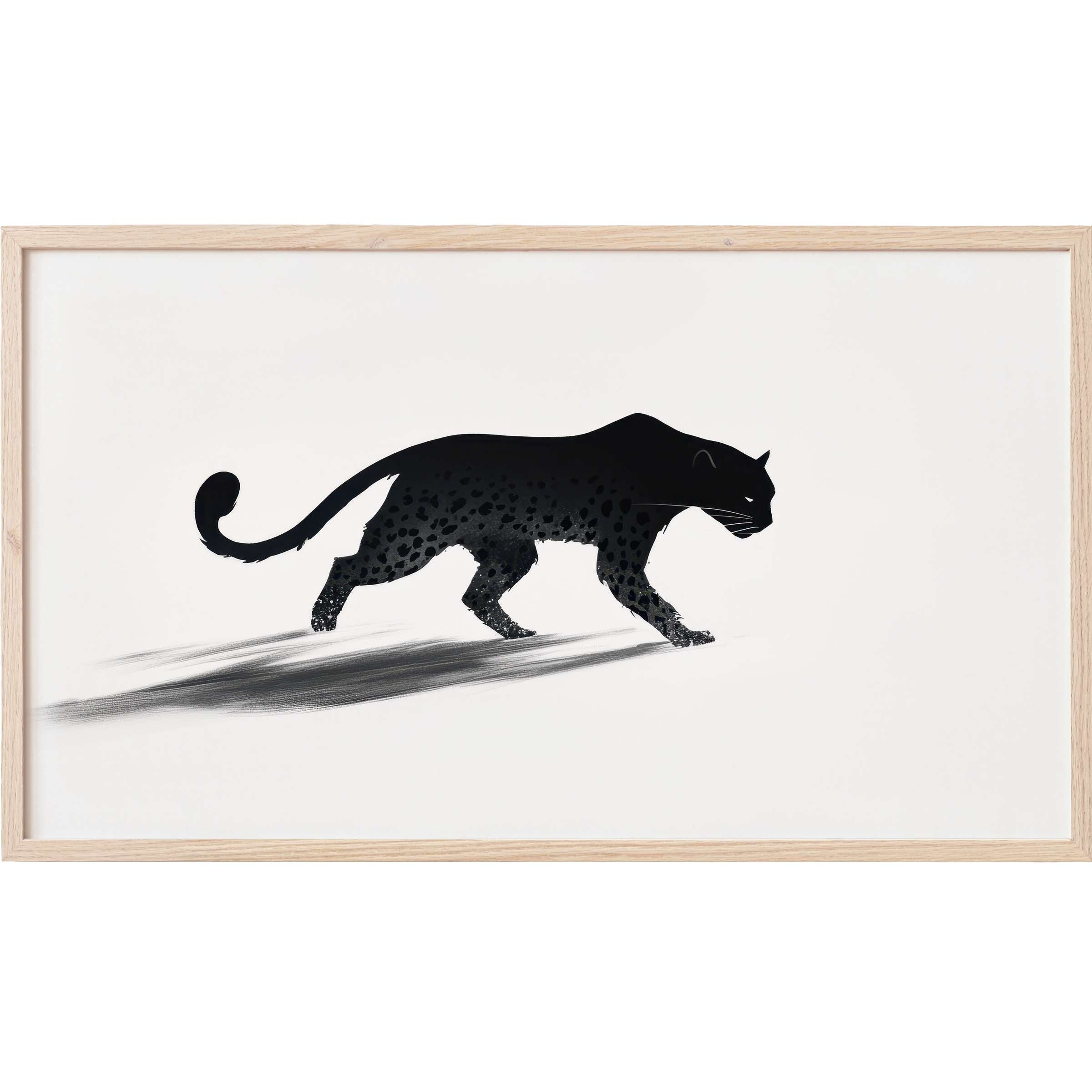 Minimalist black panther in motion with subtle spots and shadow, sleek black and white Frame TV Art in light wood frame