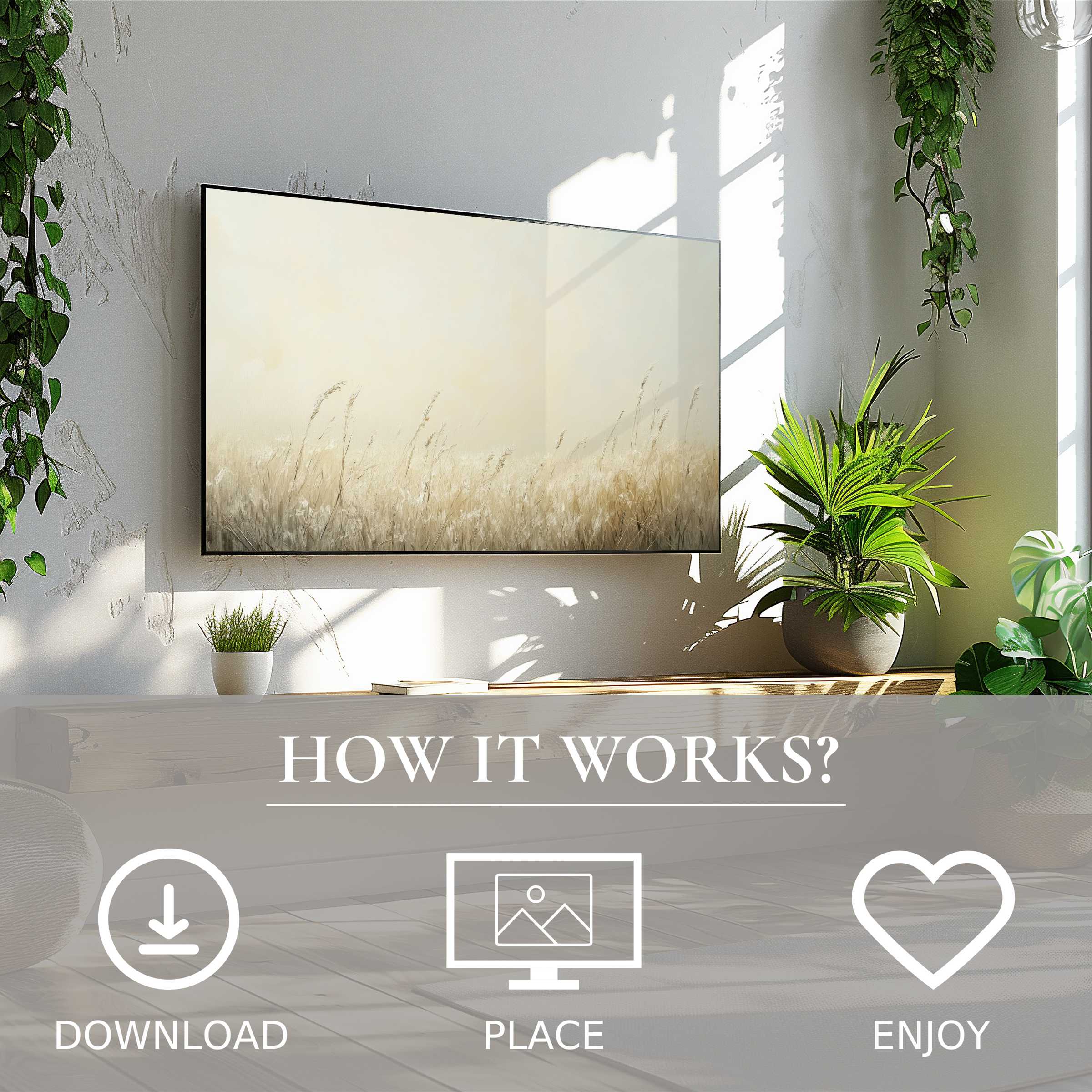 Botanical art for Samsung TV with soft beige tones enhances your space; easy digital download enriches modern living rooms