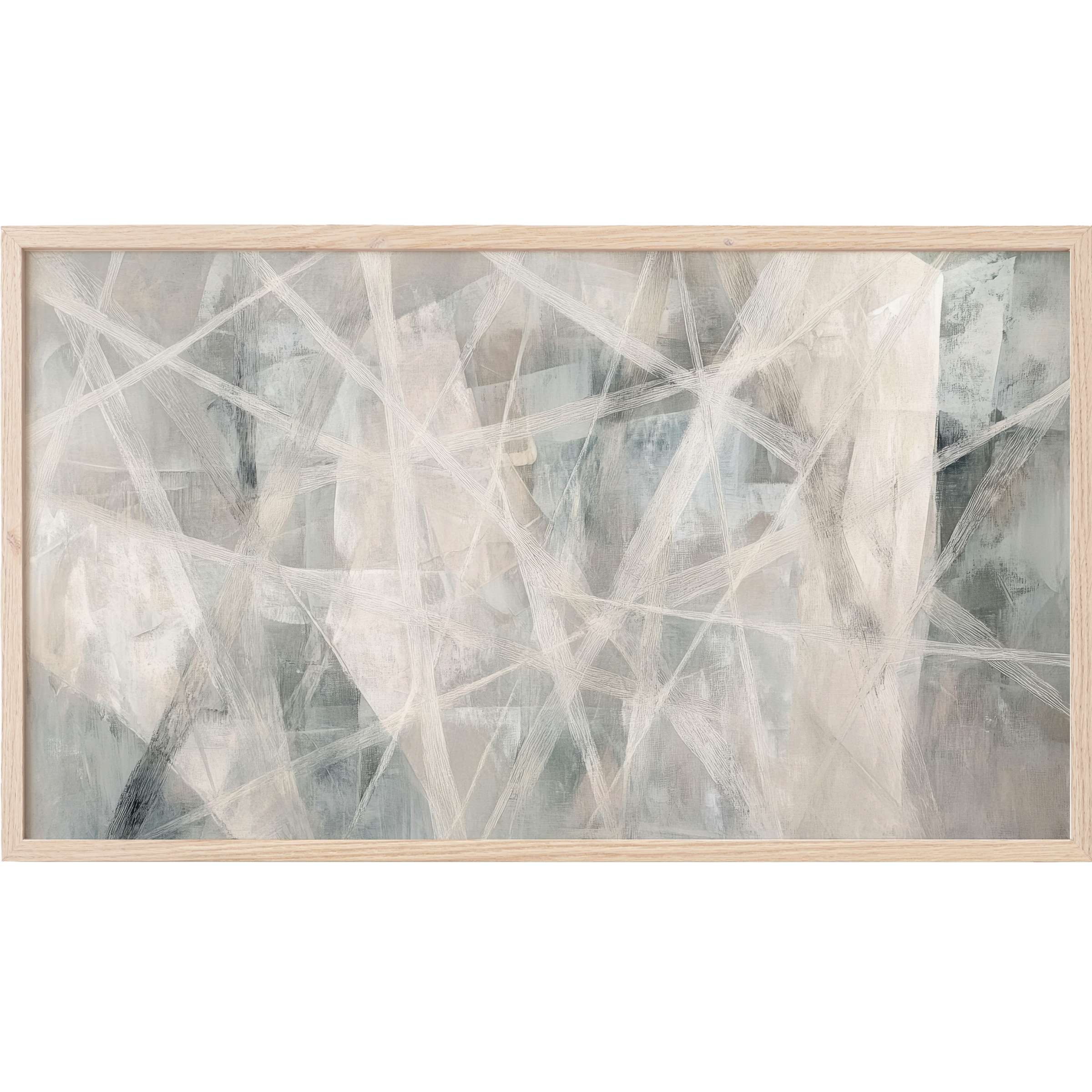 Abstract Frame TV Art with soft grays and whites, featuring delicate intersecting lines and a serene modern palette