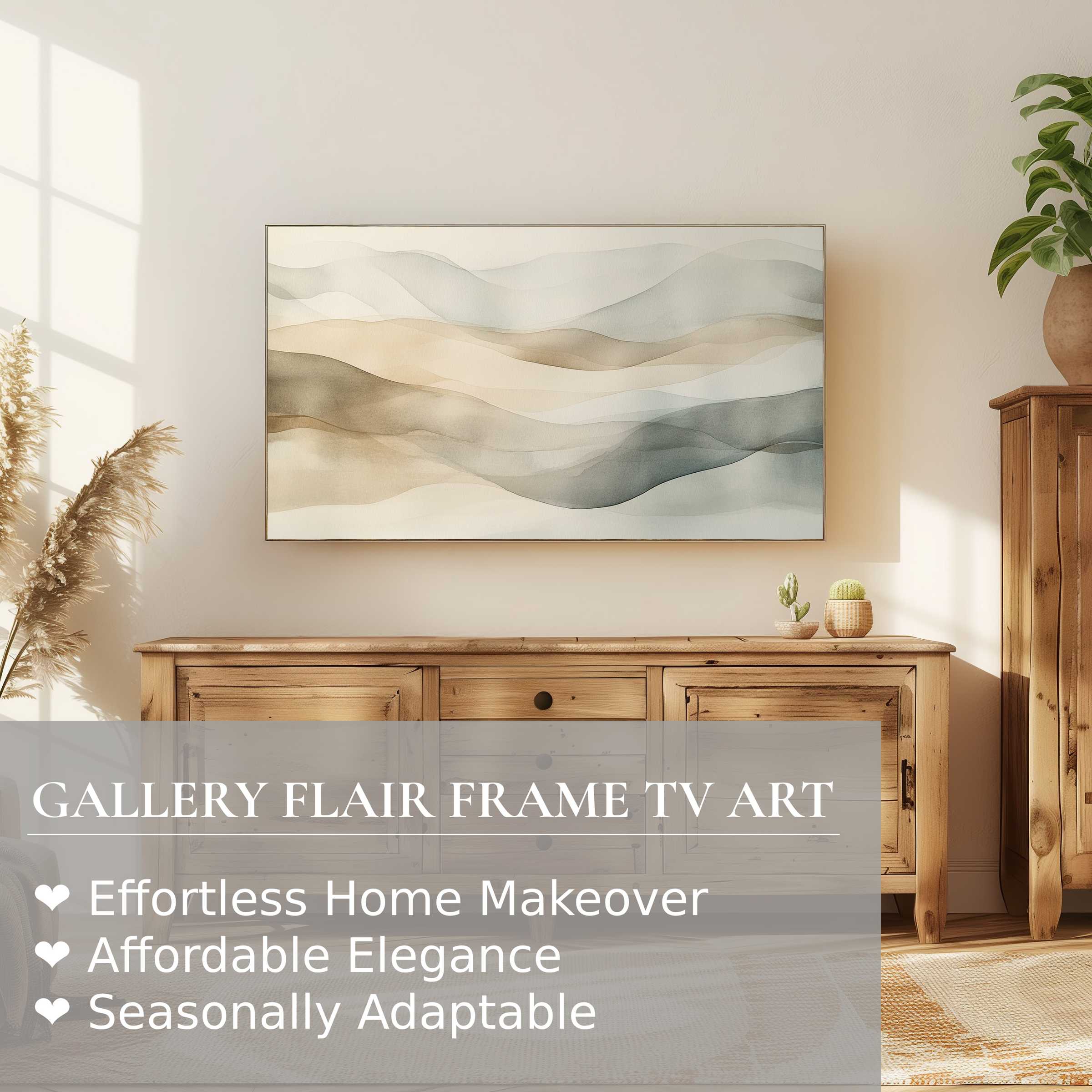 Samsung Frame TV showcases neutral digital artwork with soft waves in a serene, modern living space
