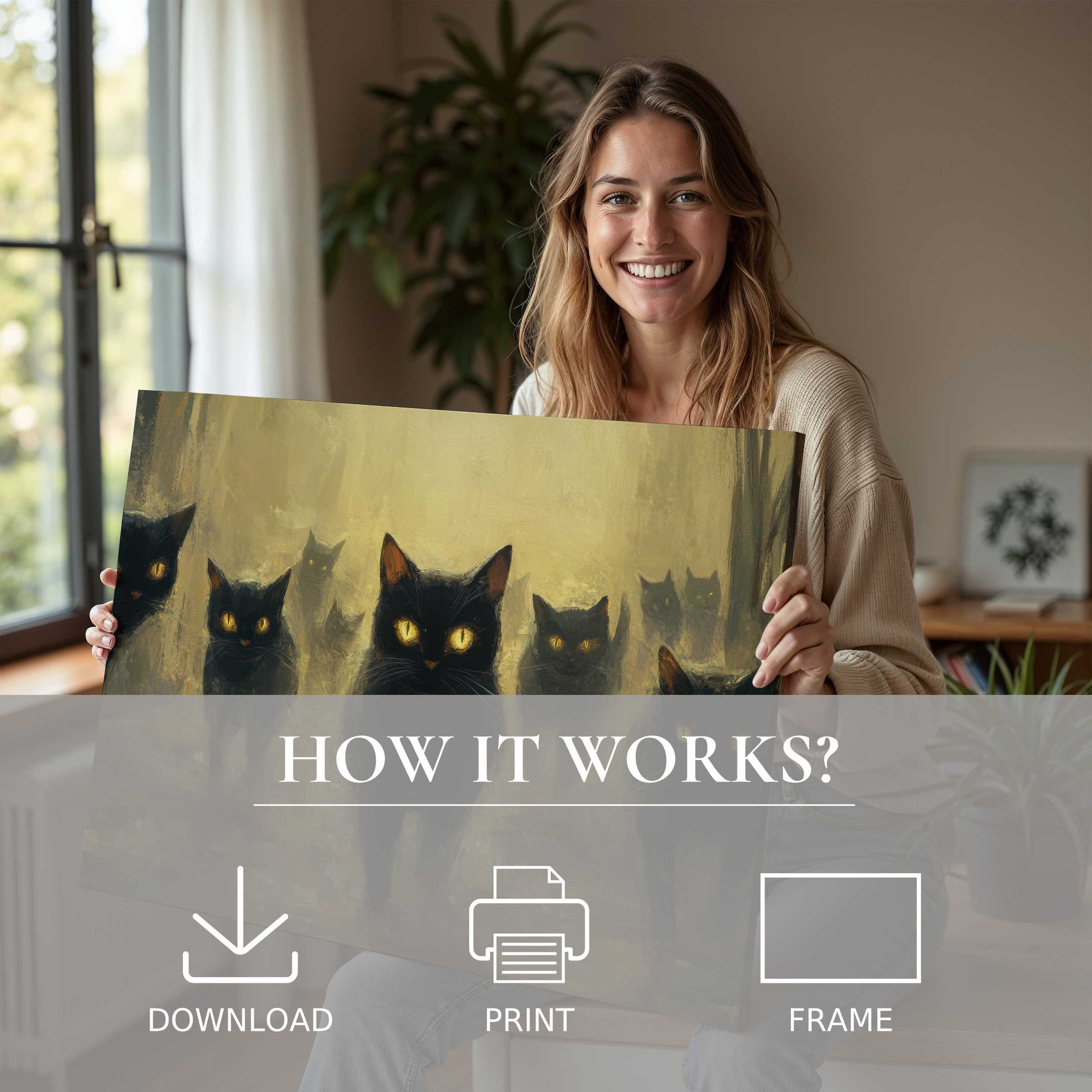 A serene moment in a modern home, embracing the warmth and mystery of a Halloween digital art print with striking amber-eyed cats