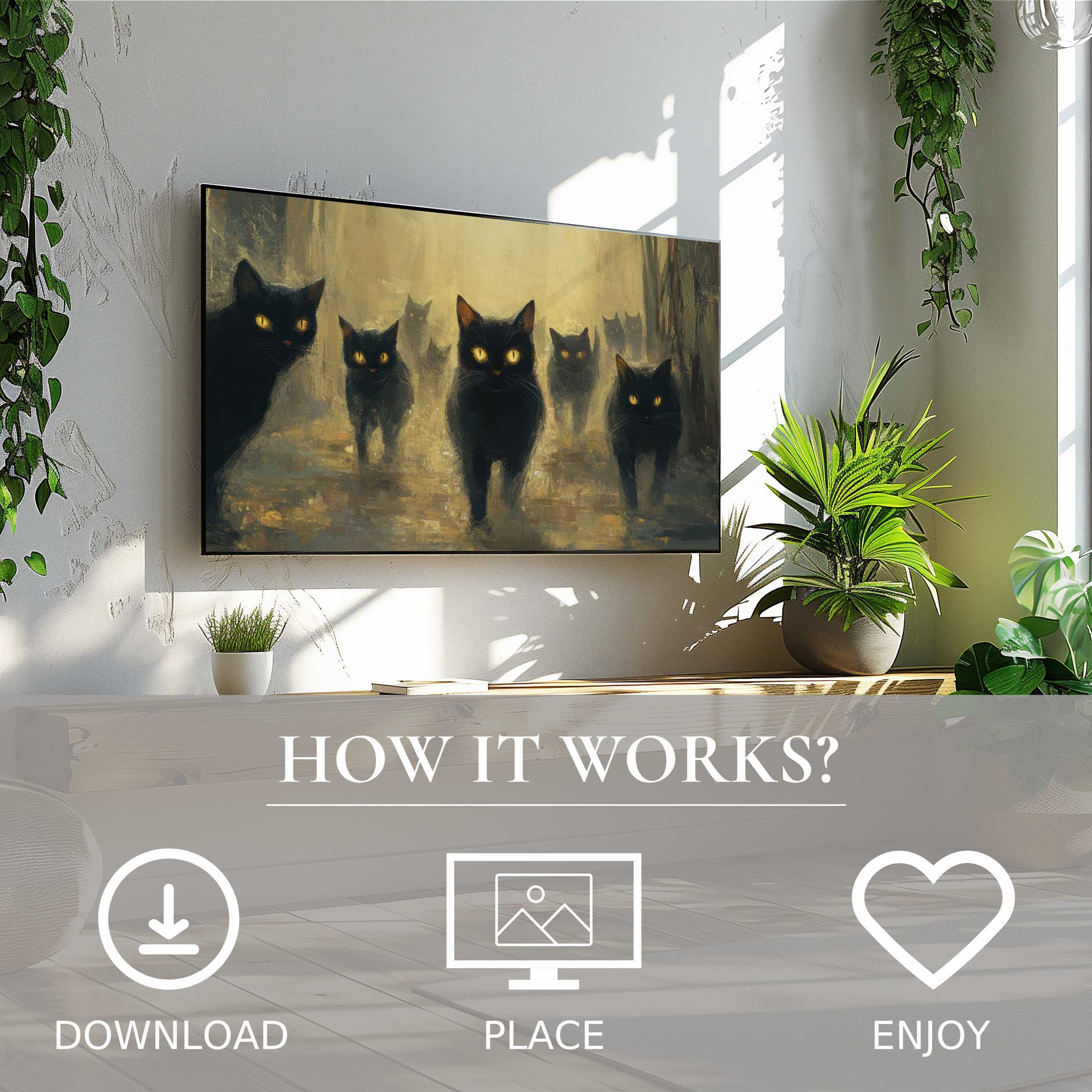Modern living room with easy digital download; halloween art for Samsung TV shows black cats in warm, misty tones enhancing space