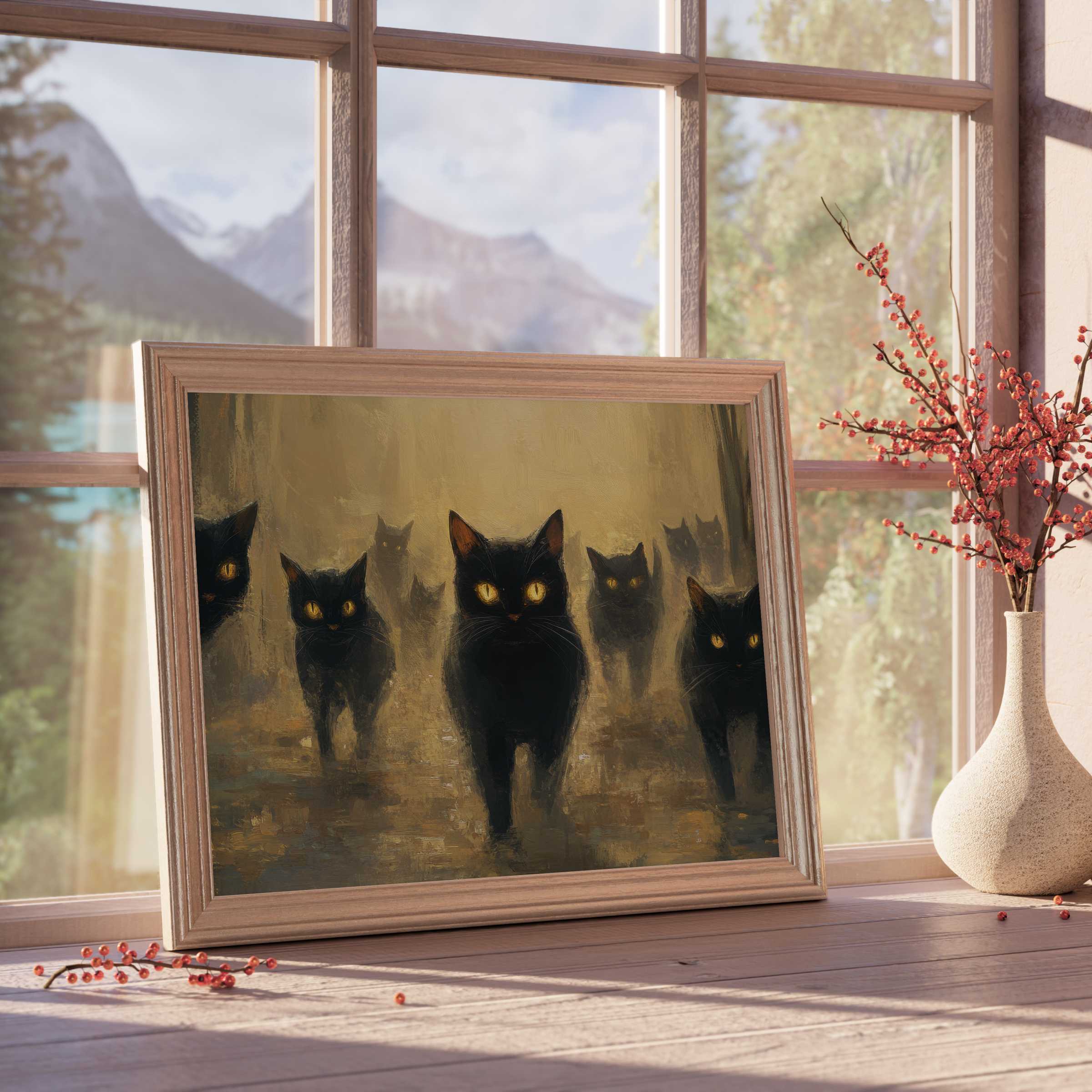 Mystical black cats with glowing amber eyes evoke warm, enchanting vibes in stylish Halloween downloadable art for refined interiors