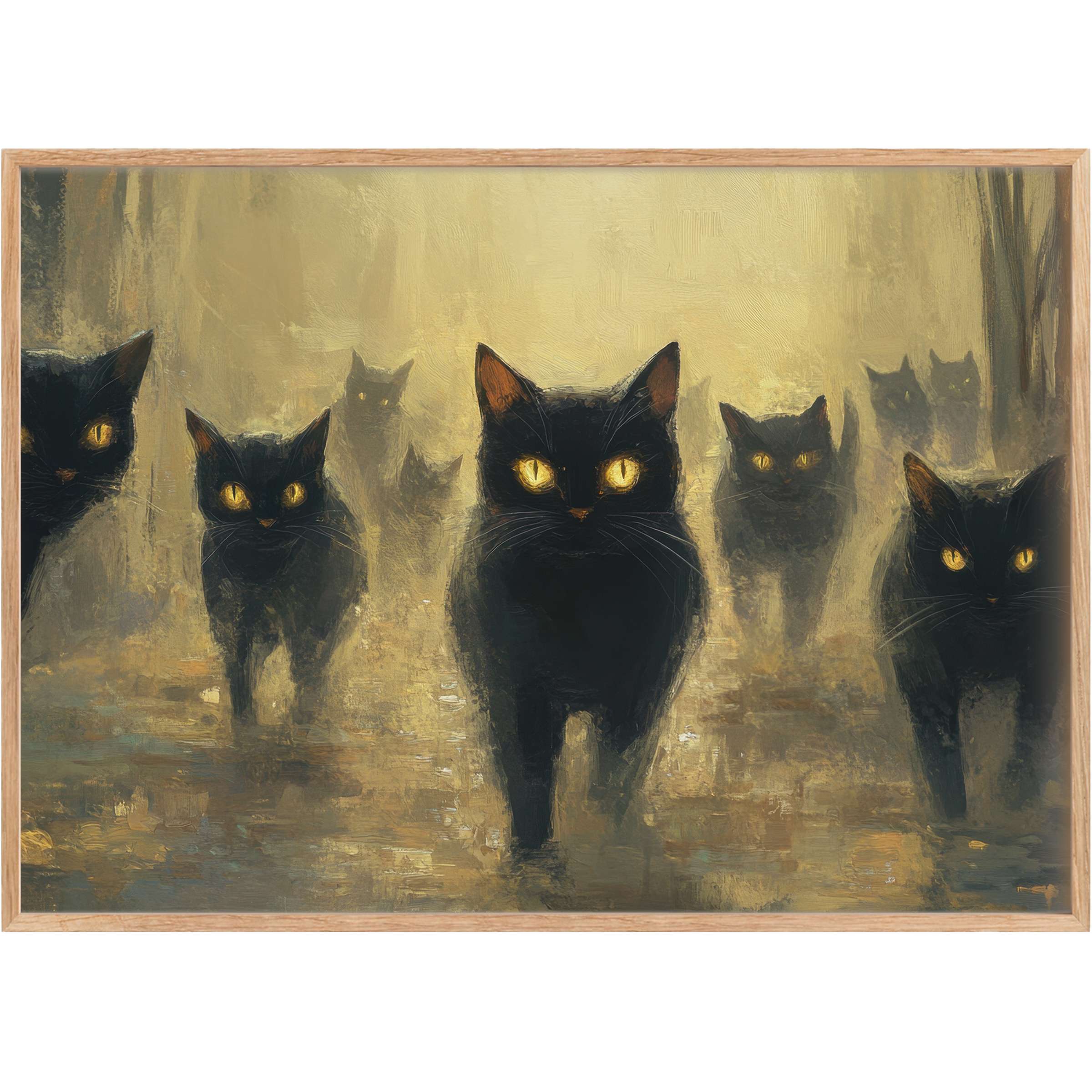 Enchanting Halloween printable wall art featuring mysterious black cats with glowing amber eyes, casting a bold, mystical ambiance