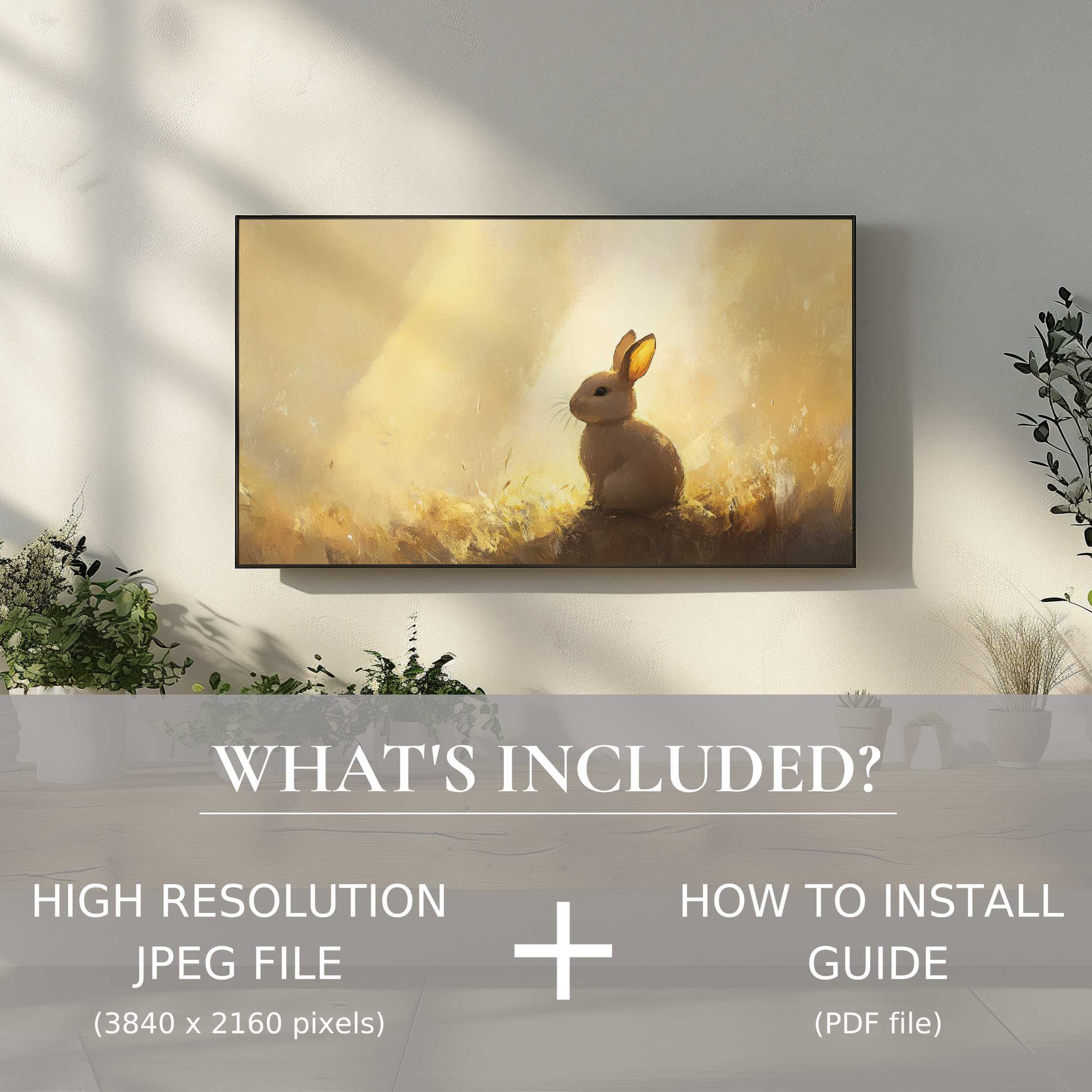 Elegant easter digital TV art download of a soft bunny scene, enhancing stylish living spaces with easy digital use