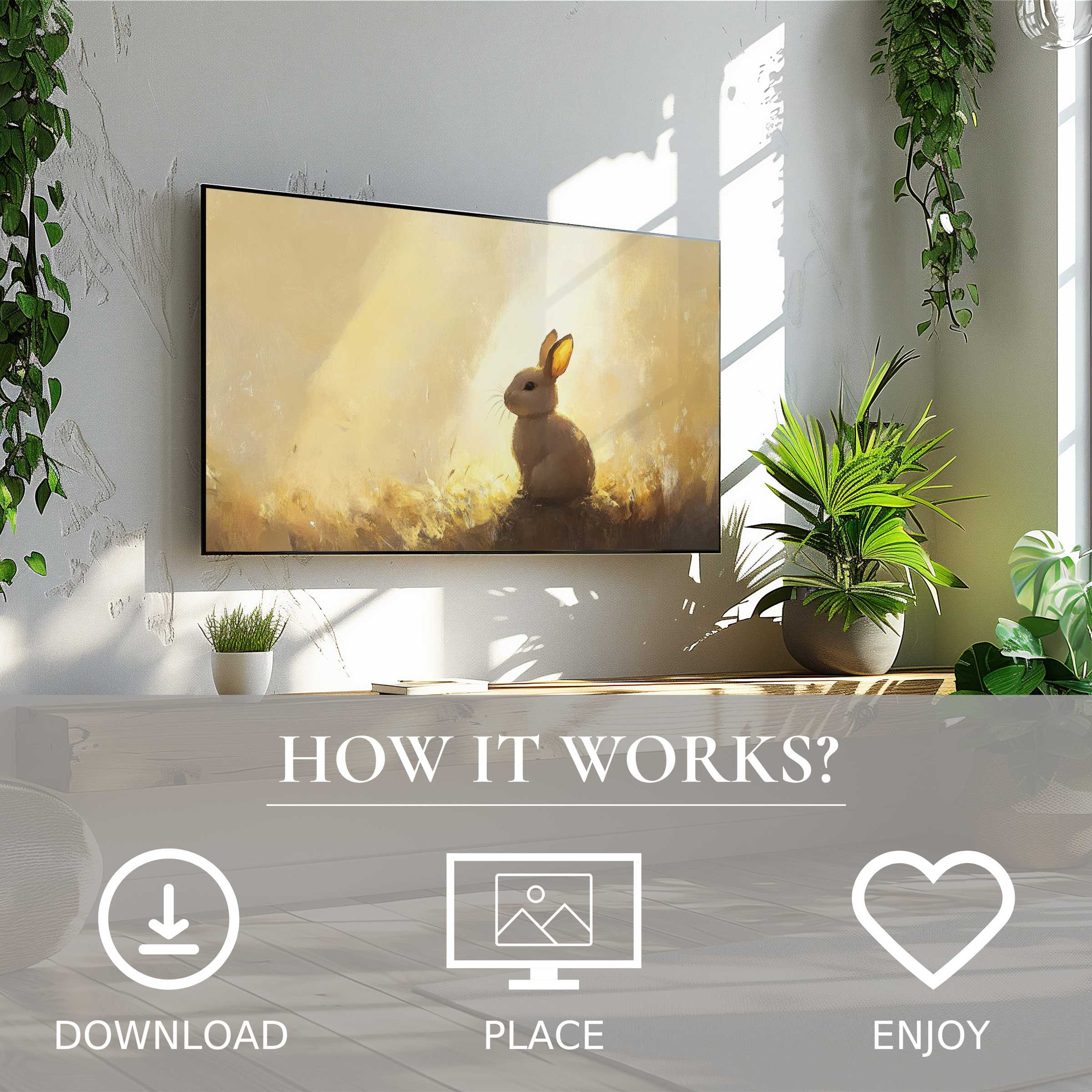 modern living room with easter art for Samsung TV, soft golden hues highlight a bunny, easy digital download decor