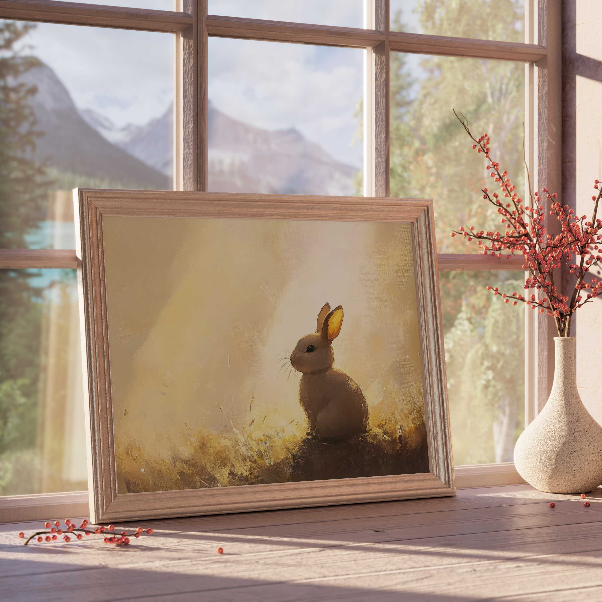 Easter downloadable art featuring a serene bunny bathed in warm light, perfect for curated, tranquil interiors