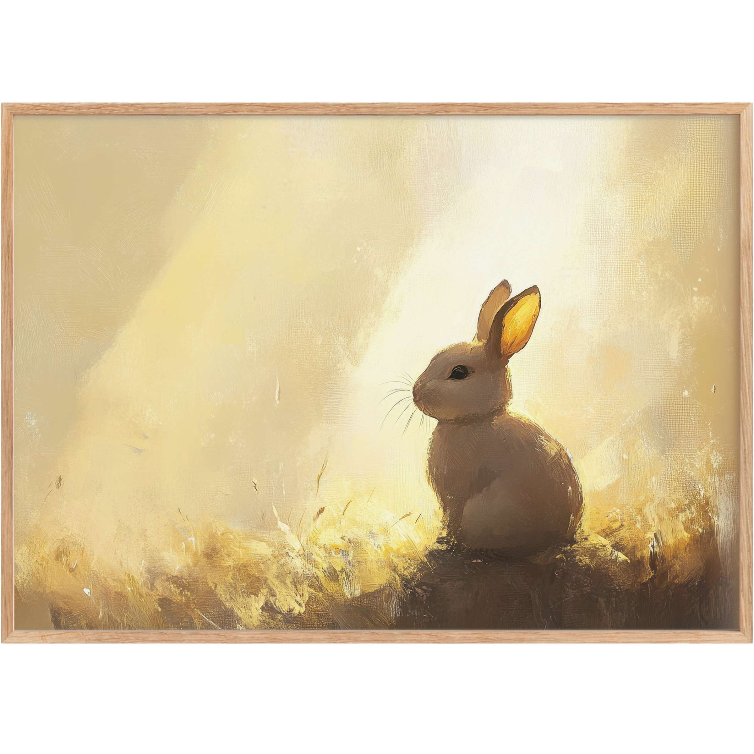 Easter printable wall art featuring a softly lit bunny in golden hues evokes a serene, warm, and radiant ambiance
