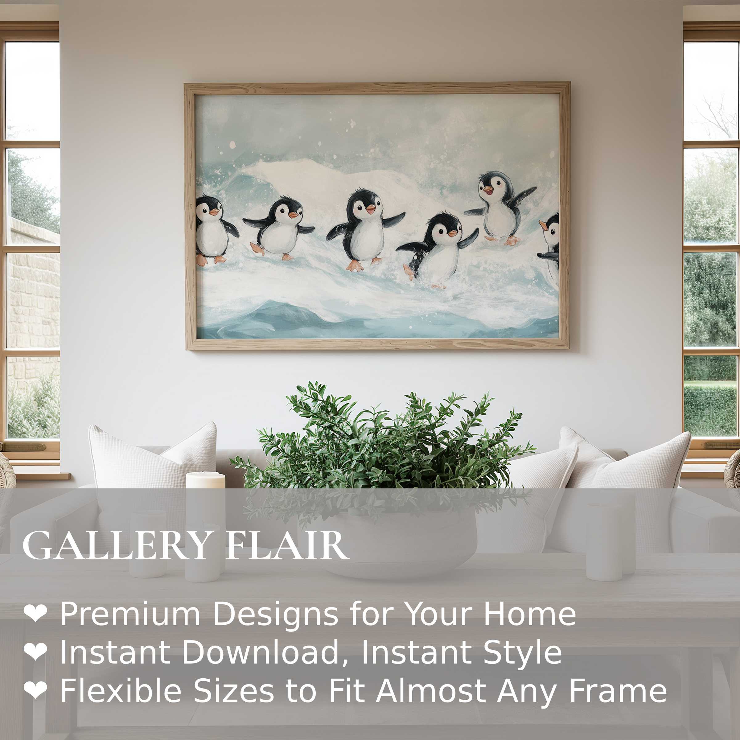 Charming nursery wall art print featuring joyful penguins in soft blues and whites, elevating modern minimalist nursery decor with playful warmth