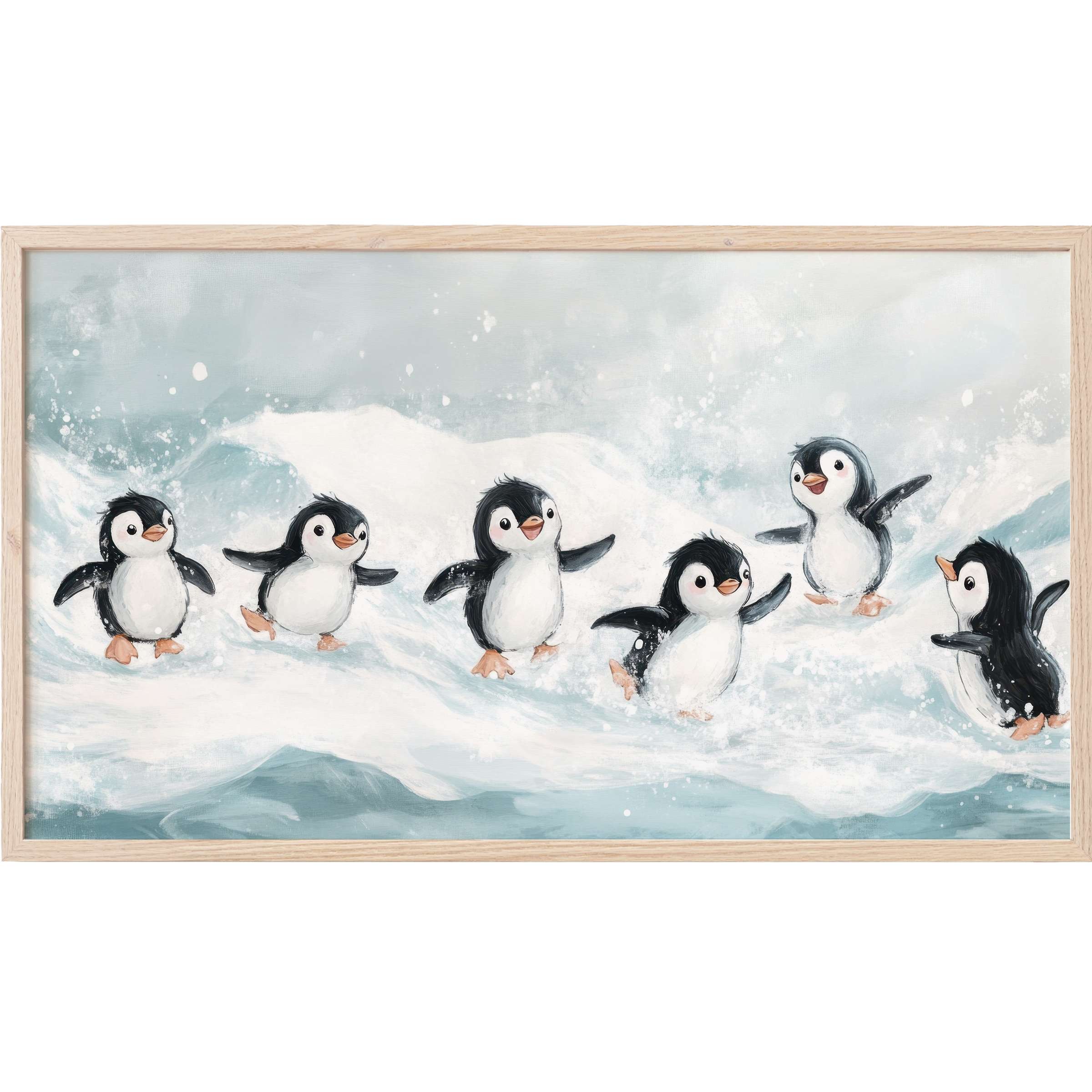 Playful penguin illustrations in soft blues and whites, rendered in a whimsical style for nursery Frame TV Art