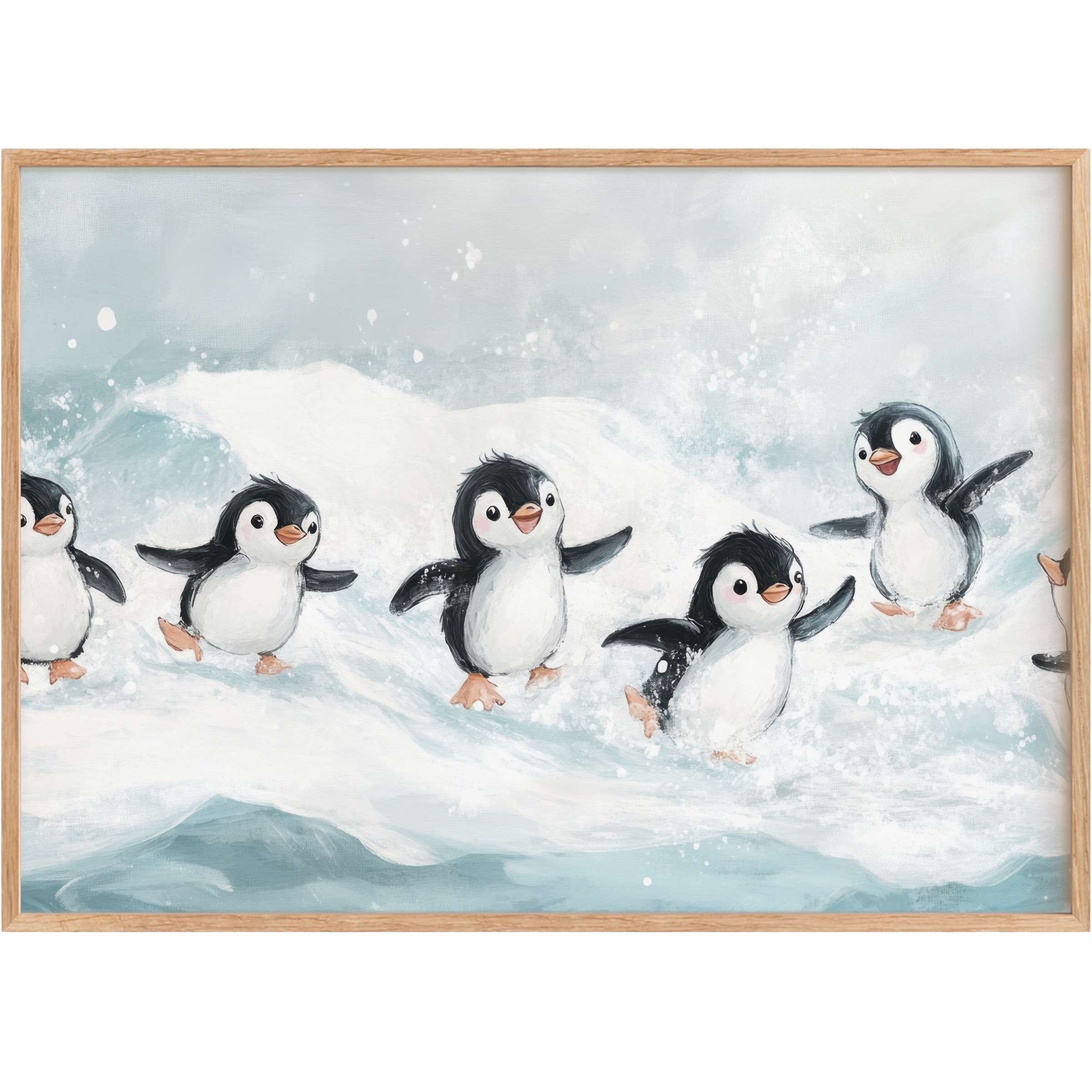 Charming nursery printable wall art with joyful penguins dancing on soft icy blues and whites, evoking a serene and playful mood
