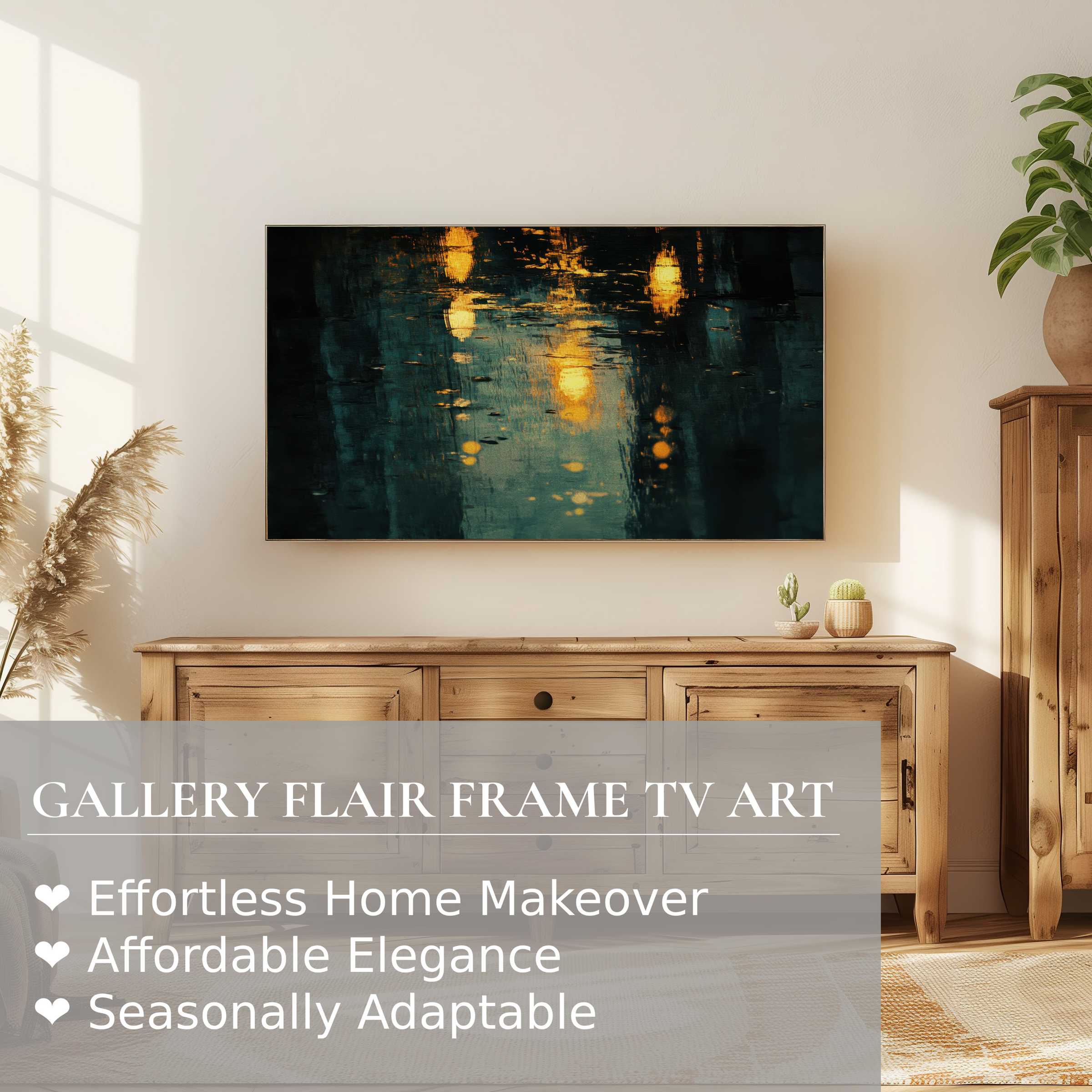 Samsung Frame TV displays elegant, moody urban digital artwork in a warm, minimalist living space with natural wood accents