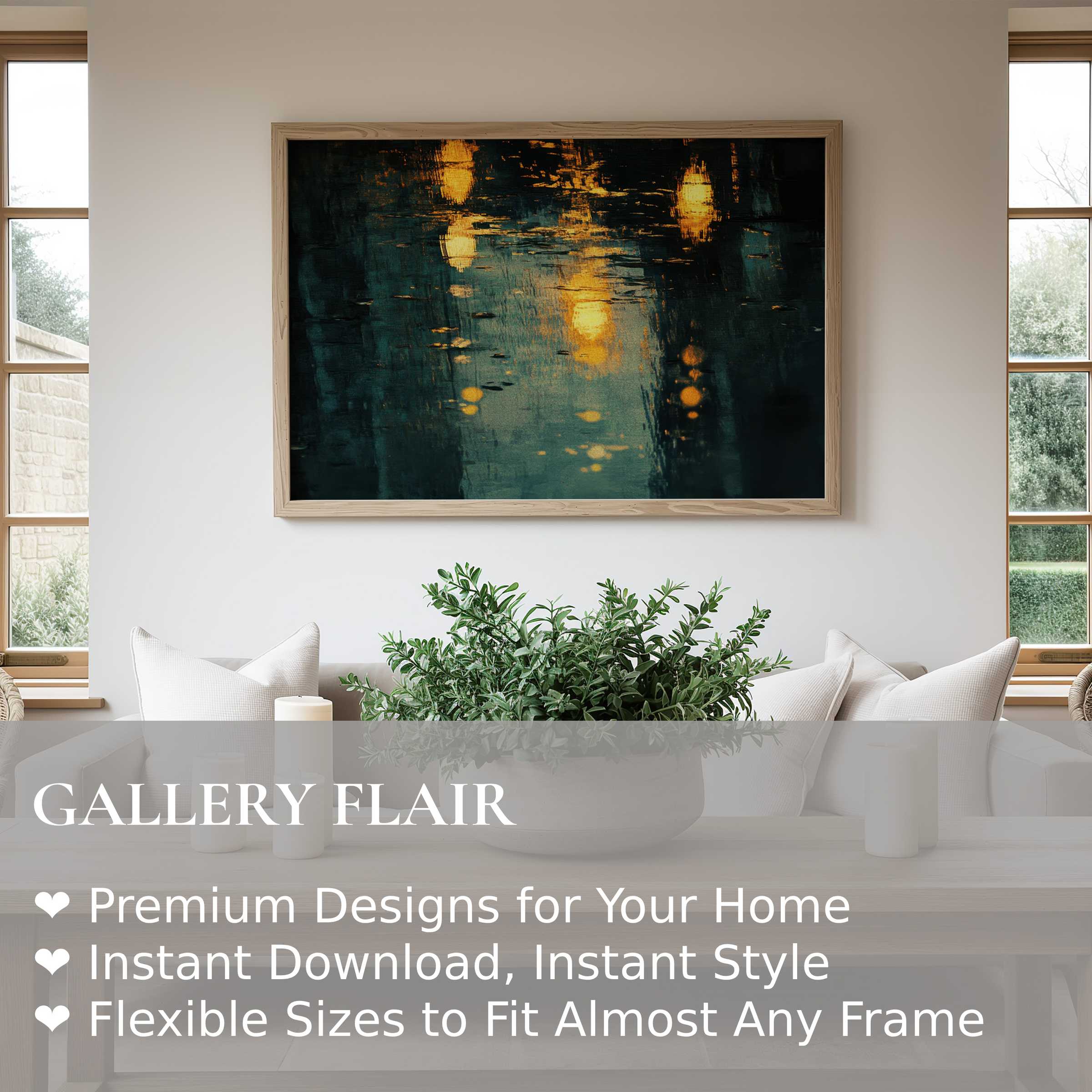 Radiant urban art wall art print with warm golden lights reflecting on deep teal, elevating a sleek, modern living space with calming sophistication
