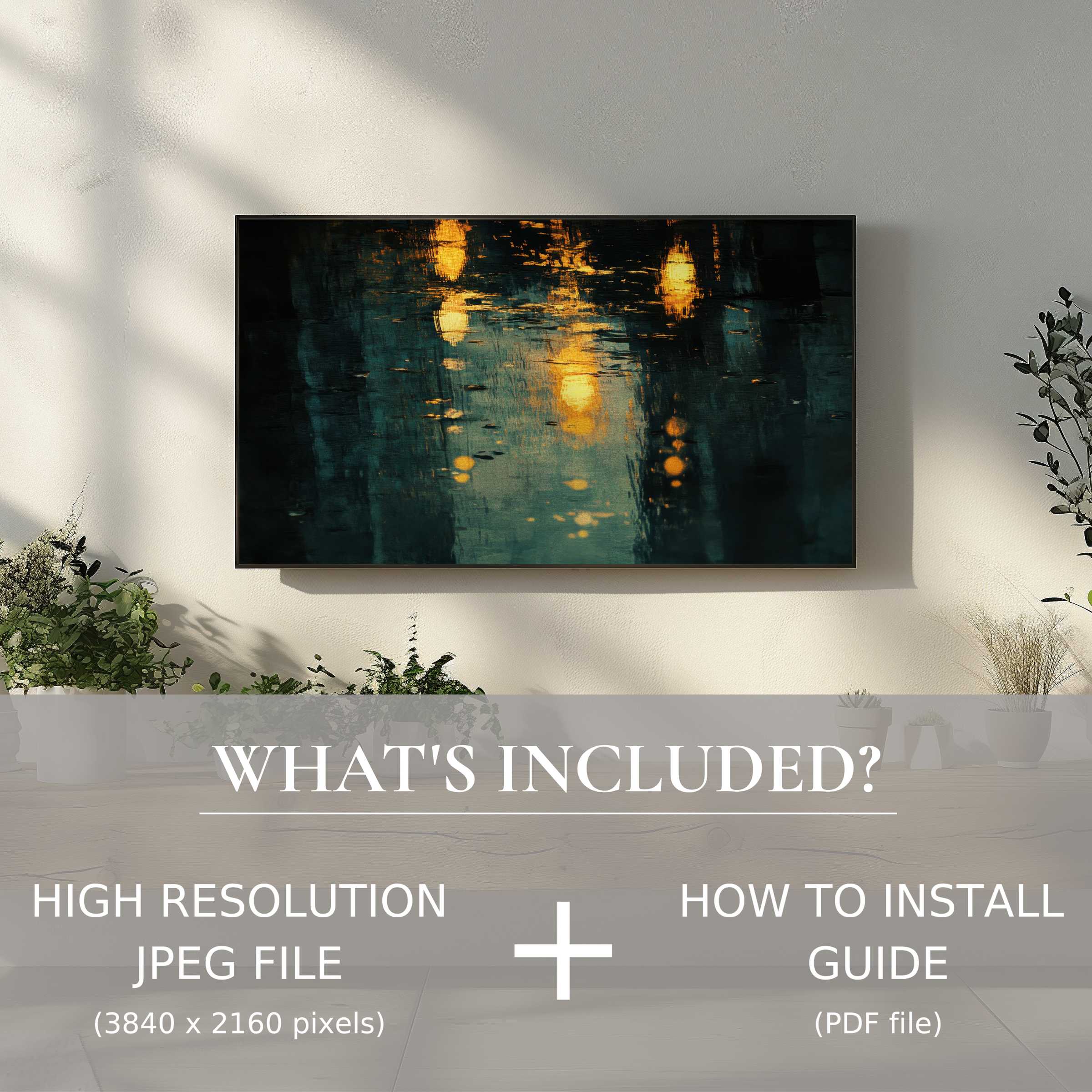 Elegant urban digital TV art download, easy to use, enhancing modern living spaces with subtle, moody reflections